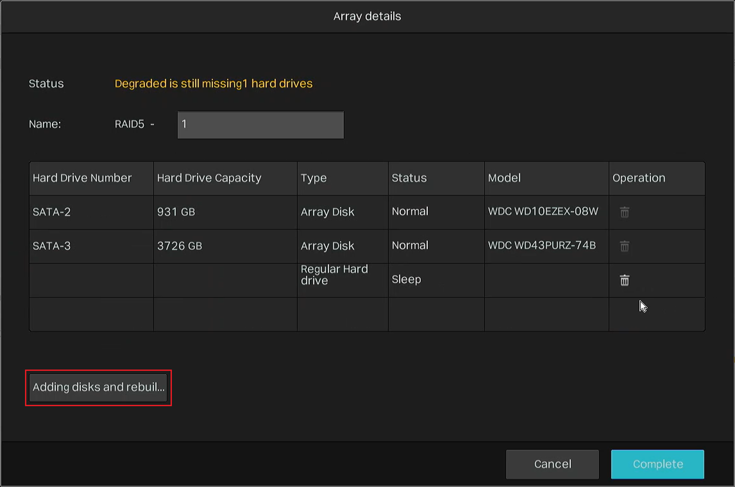 Add a disk to rebuild the RAID array.