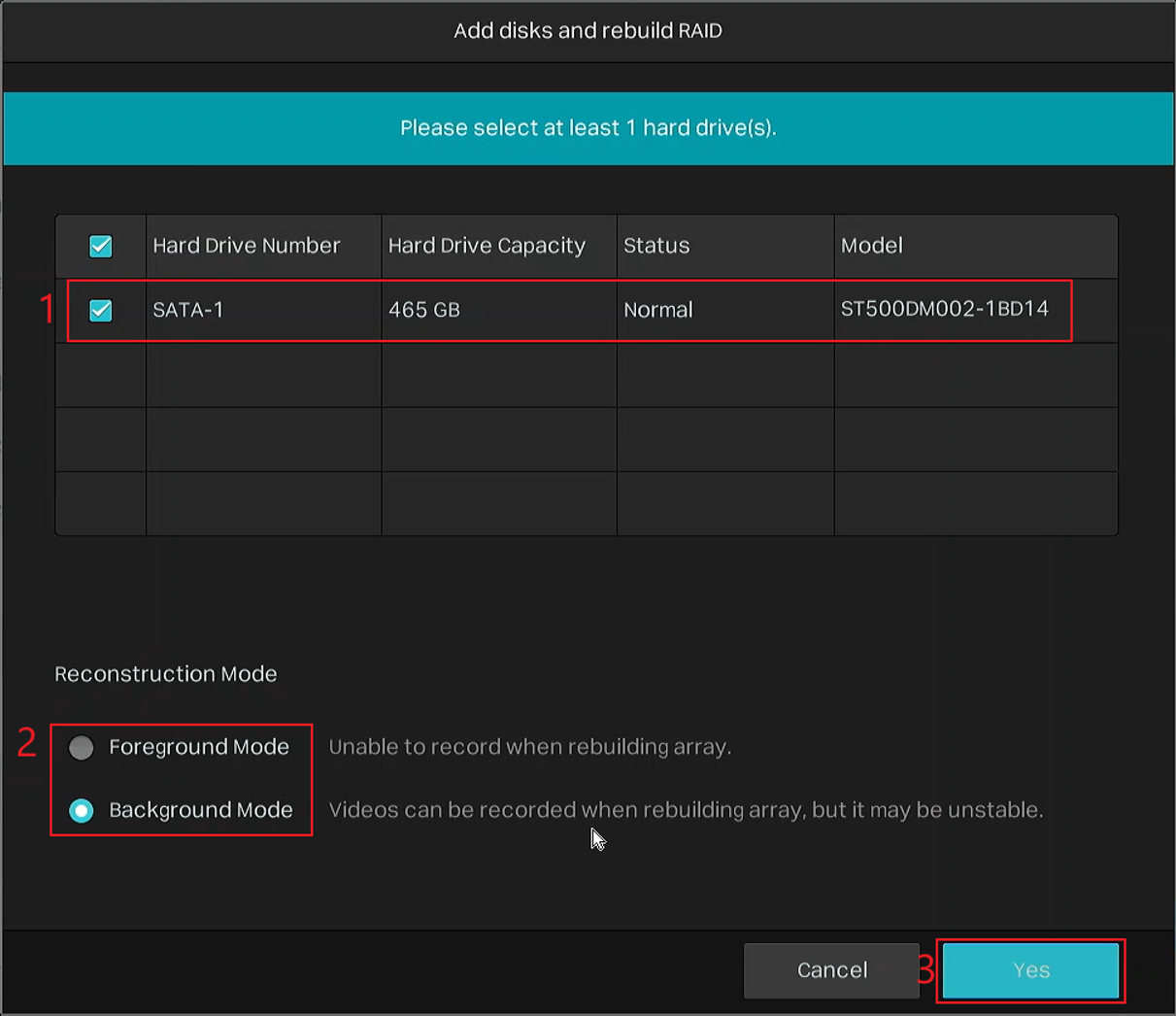 Select the disk and reconstruction mode to start rebuilding the array.