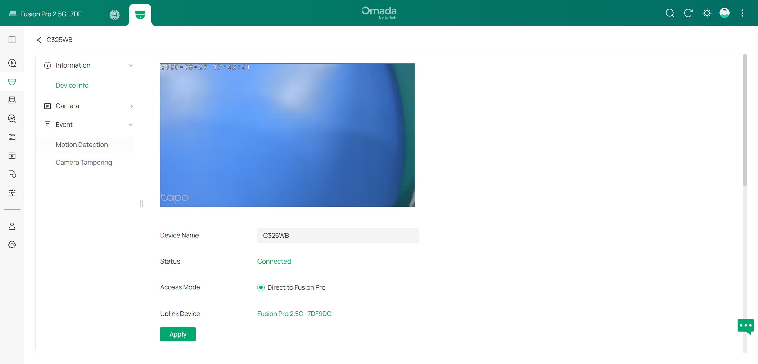 Omada Fusion Pro ONVIF third-party camera configuration page showing device settings, events, motion detection, and tampering options.