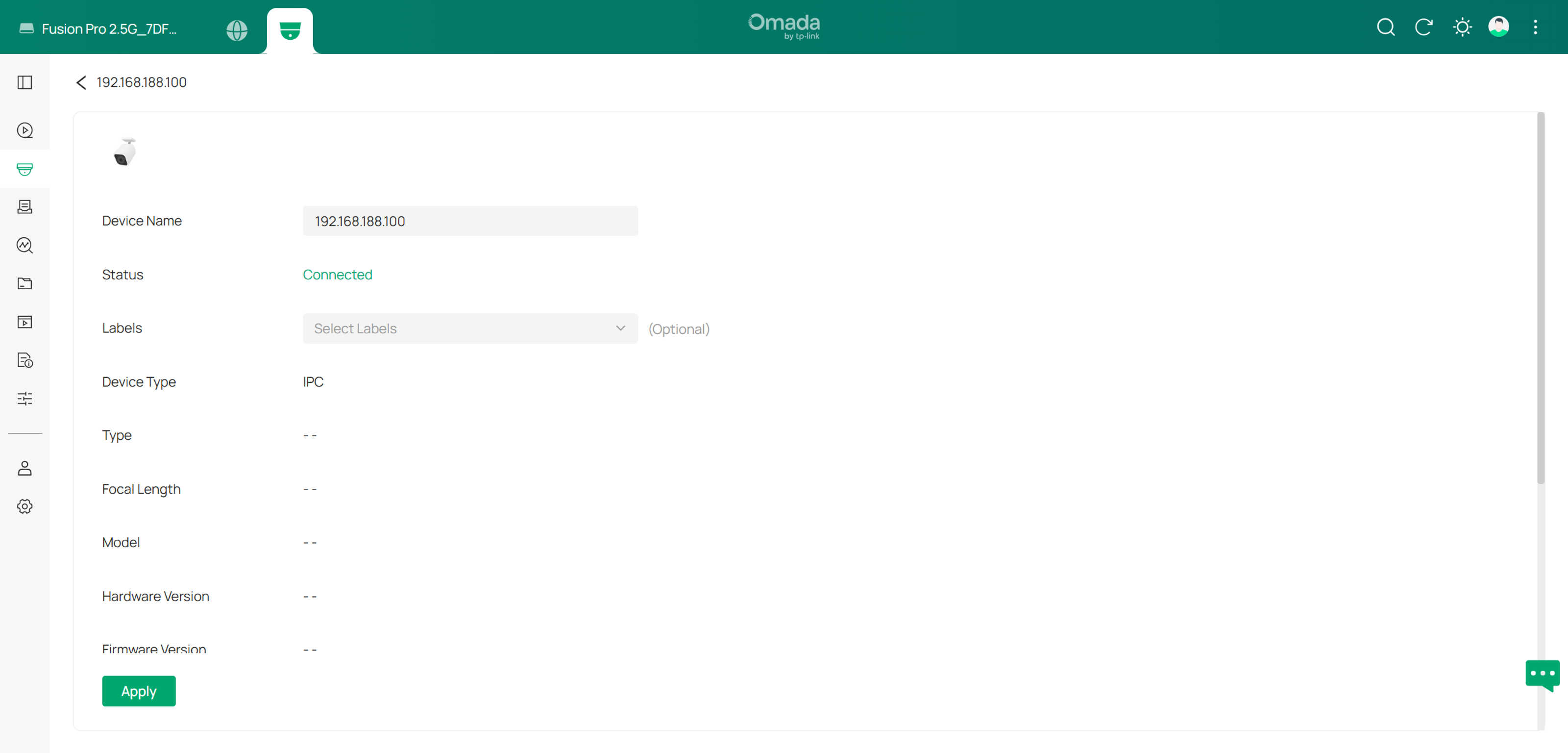 Omada Fusion Pro RTSP third-party camera page showing video streaming only with no camera settings or event controls.