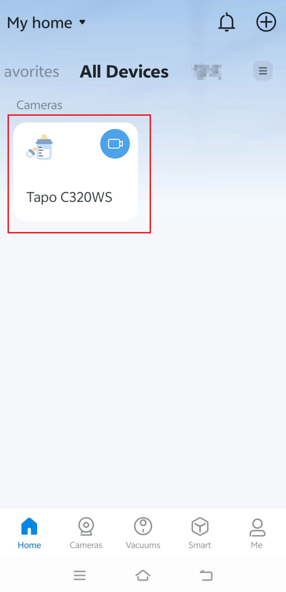 Tapo App home screen on a smartphone showing a list of devices, with a Tapo camera selected to access camera settings and features.