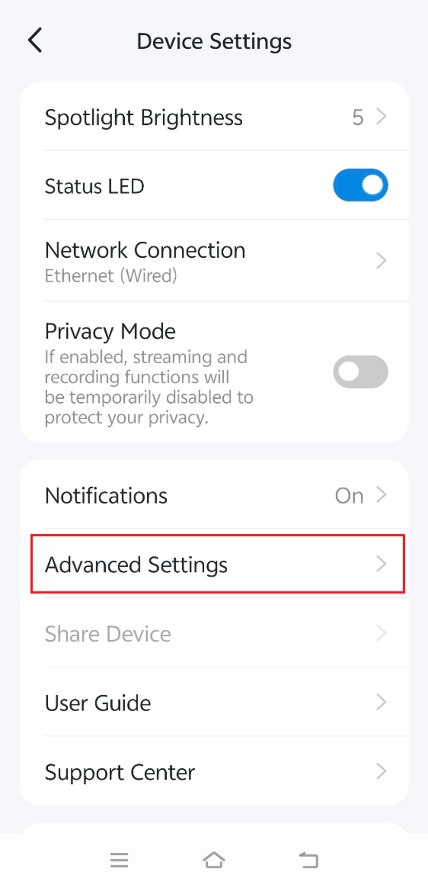Tapo App Camera Settings screen showing device options, with Advanced Settings selected to access additional camera configuration features.