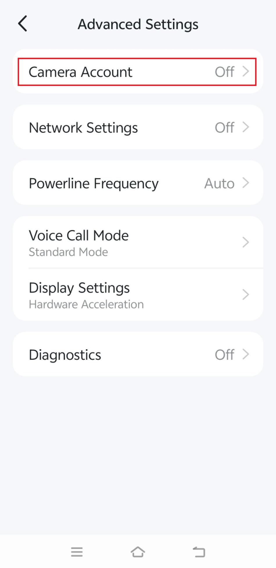 Tapo App Advanced Settings screen displaying camera options, with Camera Account selected to manage account credentials and access settings.