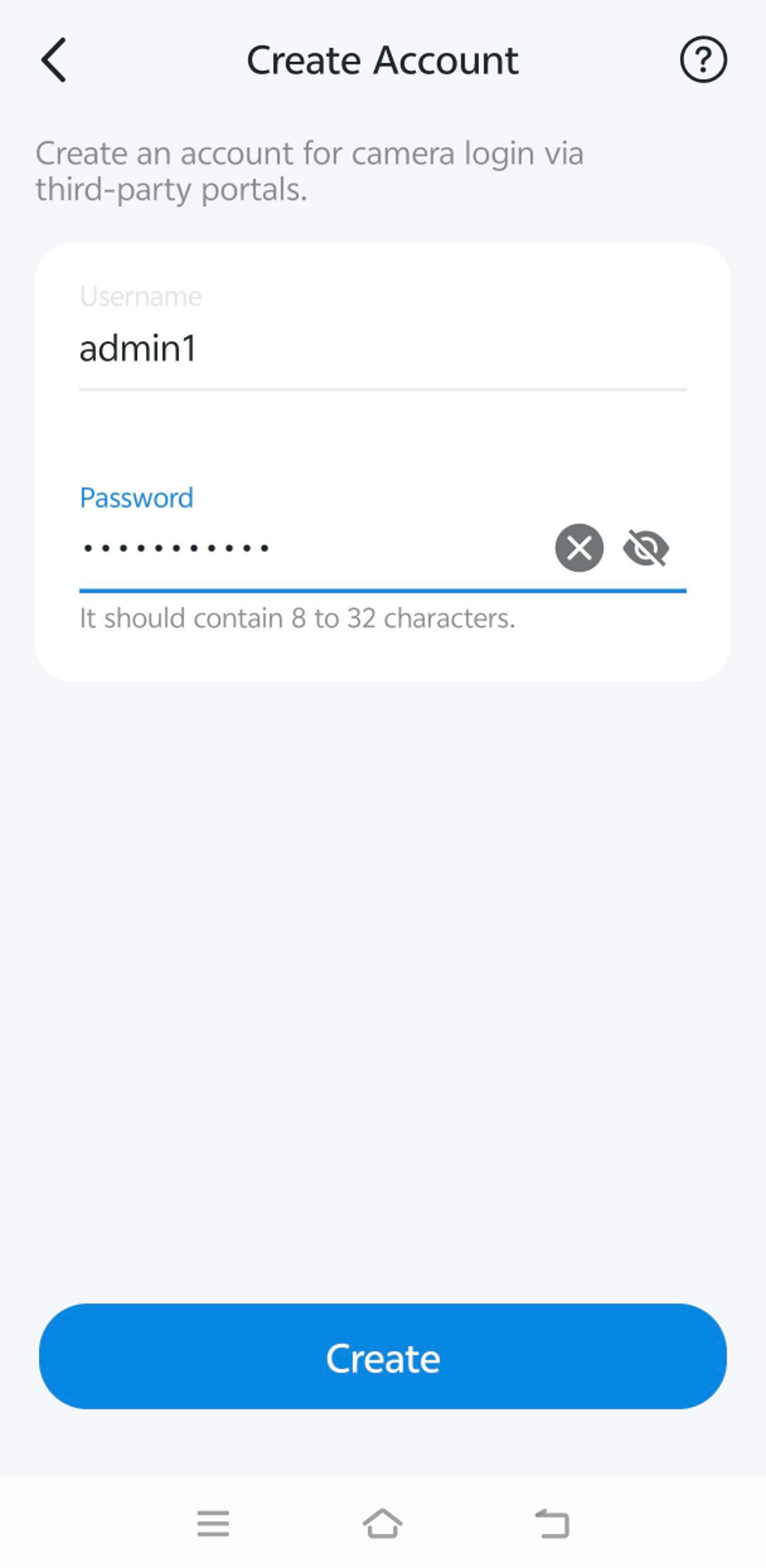 Tapo App Create Account screen showing fields to enter a camera account username and password before saving the credentials.