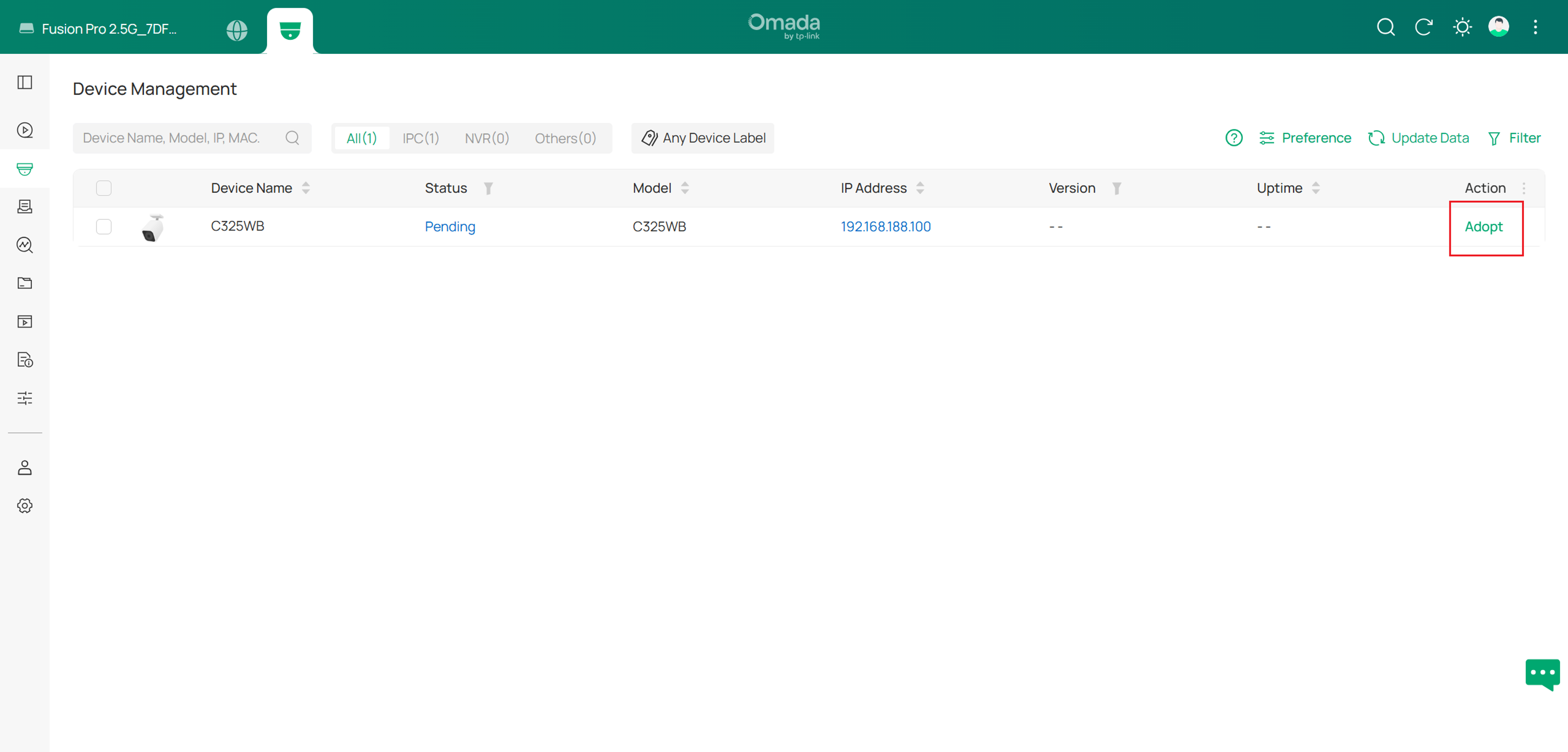Device Management page showing a pending third-party camera ready for adoption.