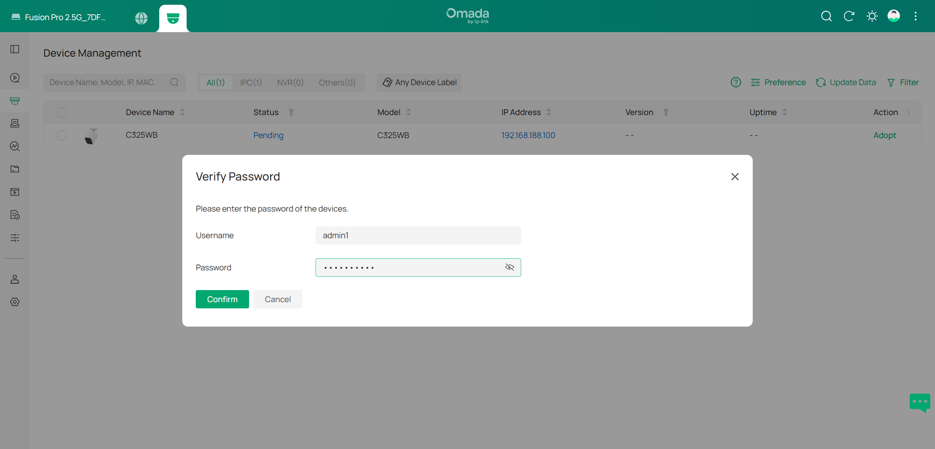 Verification window requesting the camera's ONVIF username and password.