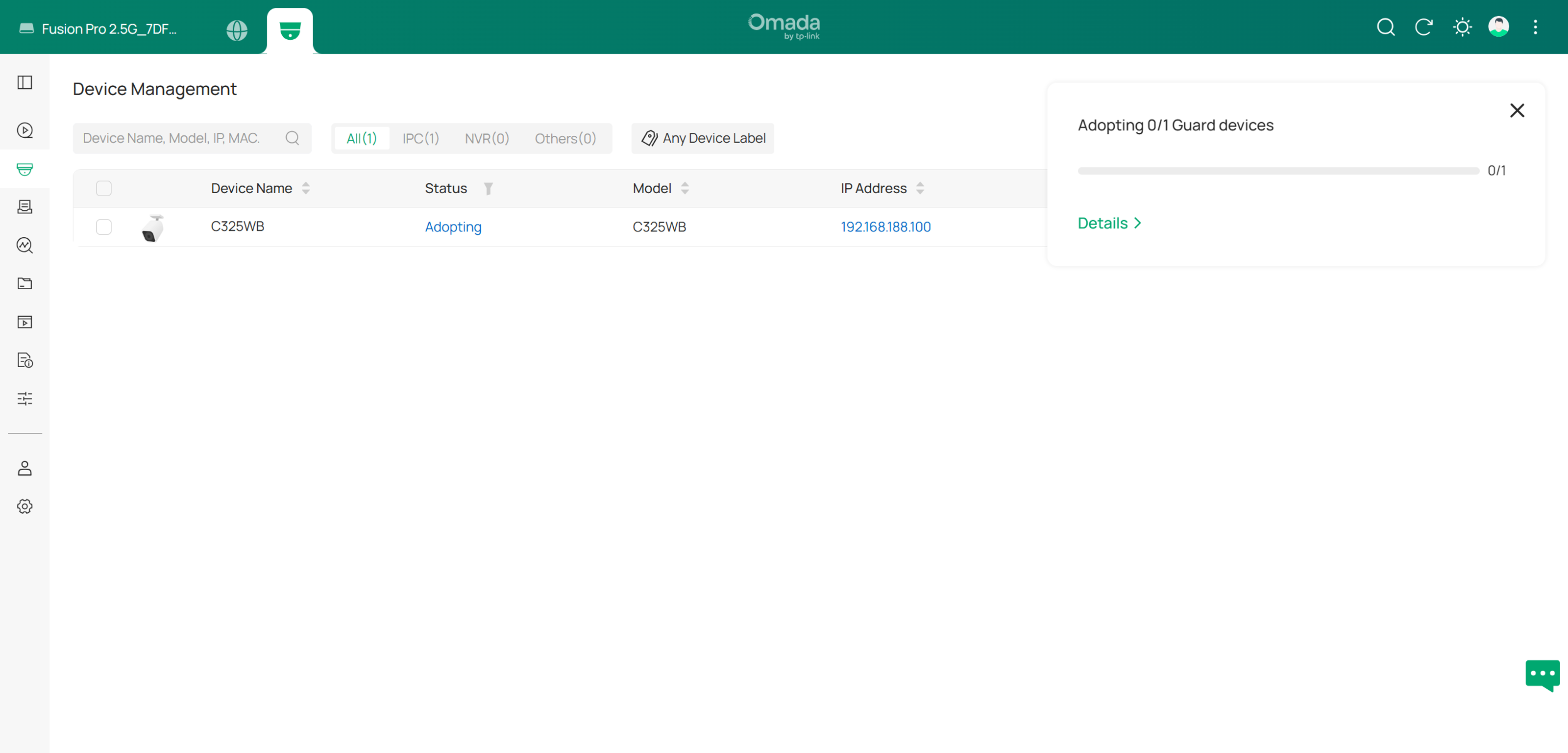 Omada Controller Device Management page adopting a discovered C325WB camera, showing Auto Find results, device IP address, and adoption progress.