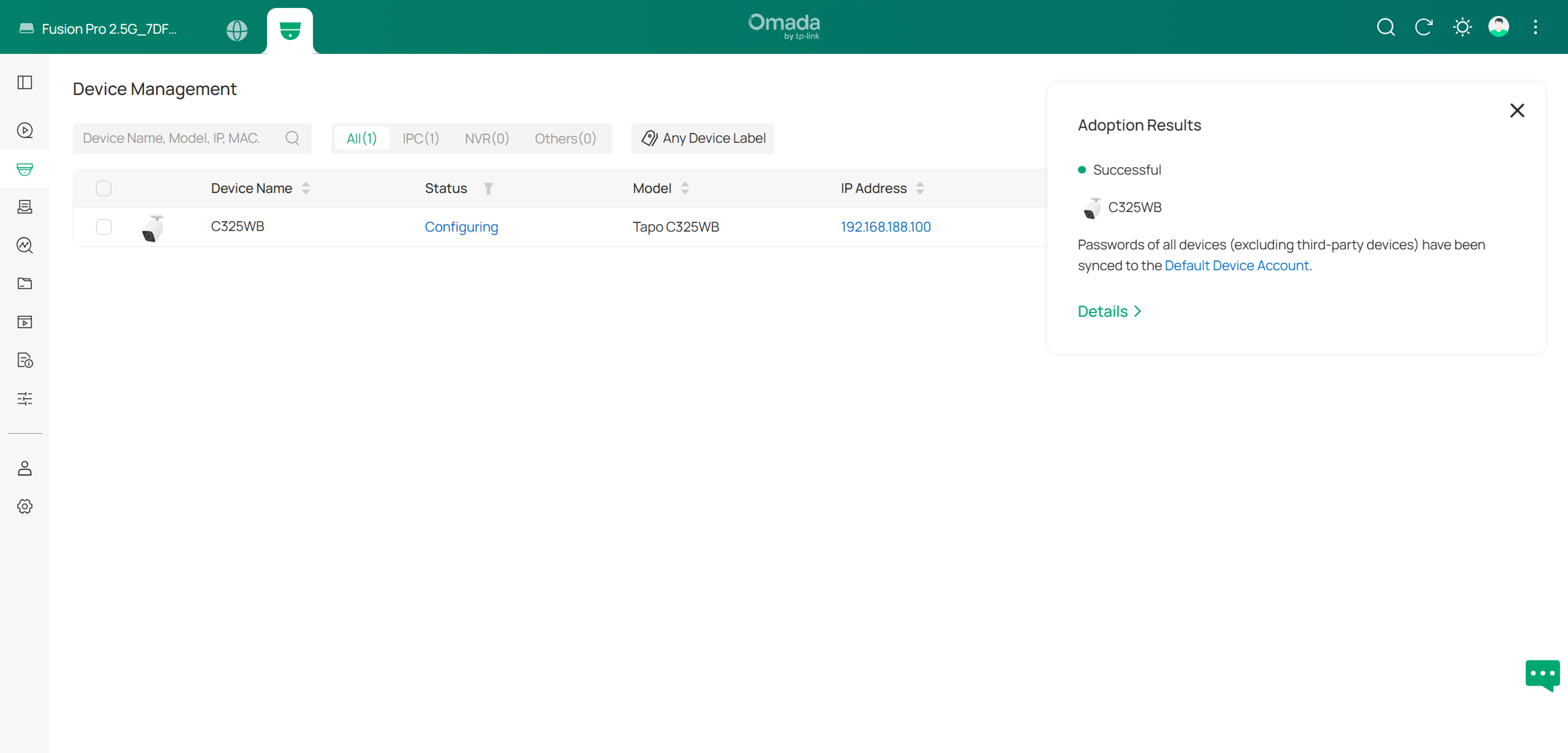 Omada Controller Device Management page adopting a discovered C325WB camera, showing Auto Find results, device IP address, and adoption progress.