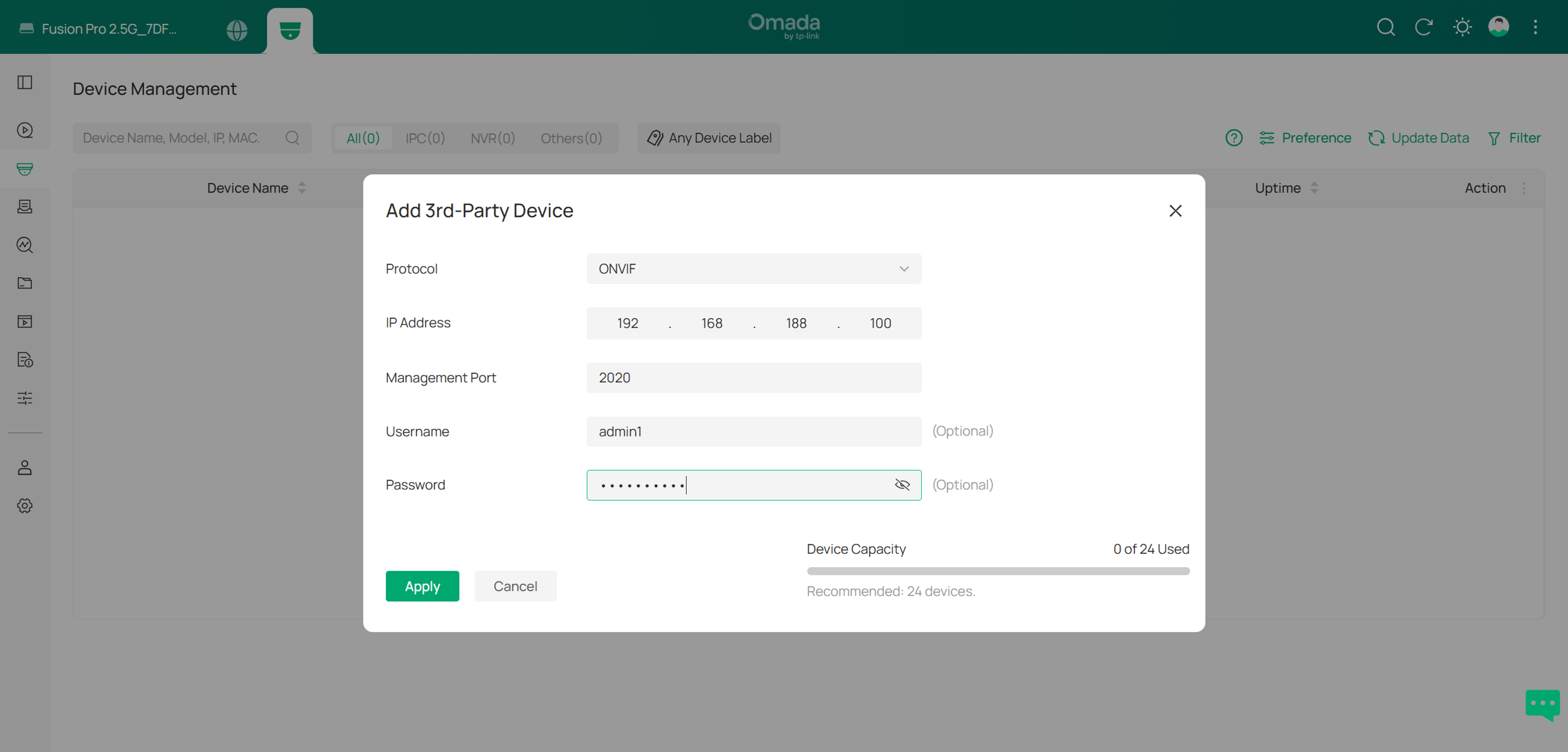 Omada Controller Device Management page highlighting the Preference menu and Add 3rd-Party Device option for manually adding cameras.