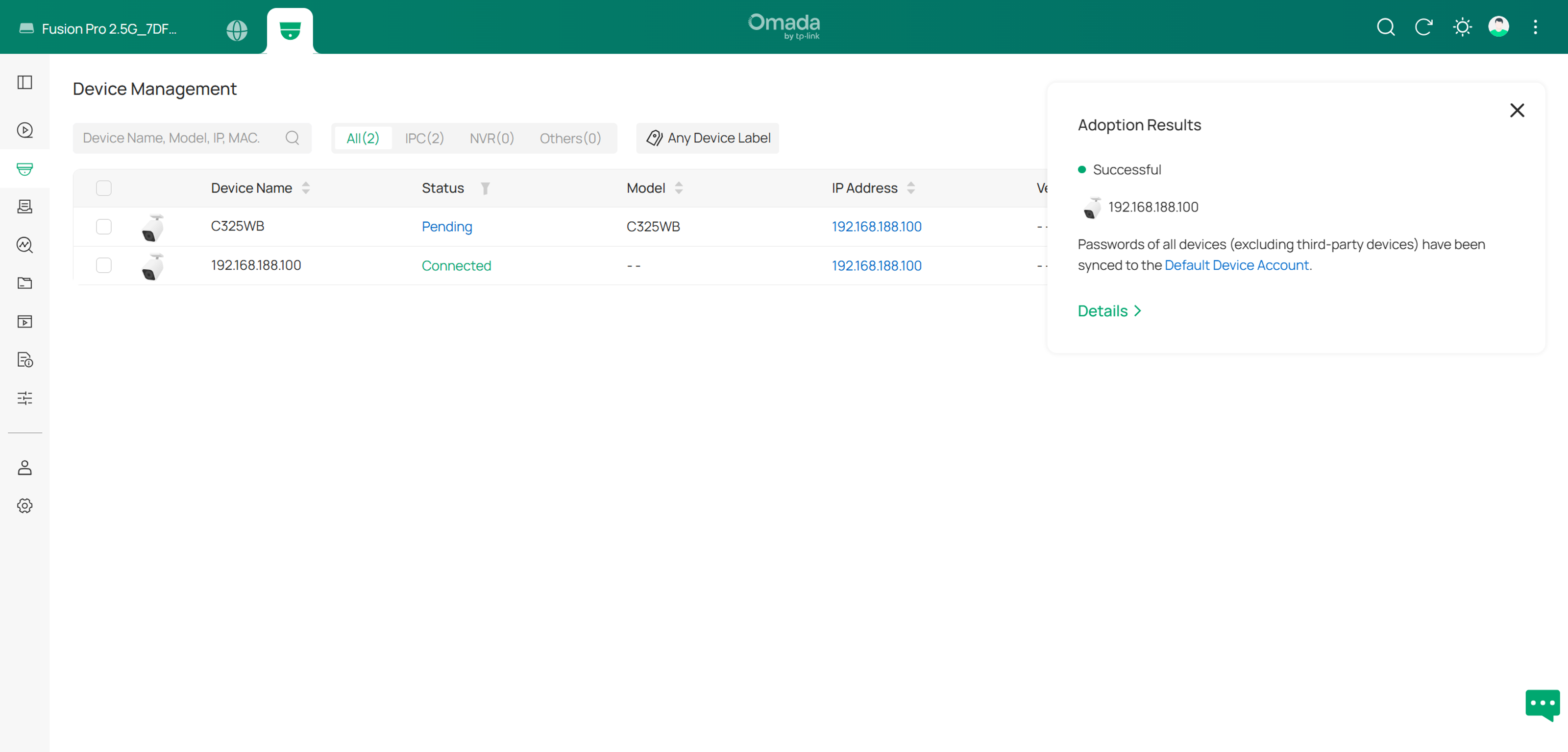 Omada Controller Device Management page showing a successfully added ONVIF camera alongside a managed C325WB camera, with adoption results displayed.