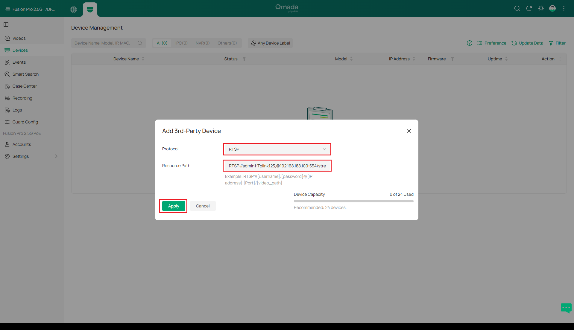 Add 3rd-Party Device page. RTSP is selected as Protocol and Resource Path is needed.