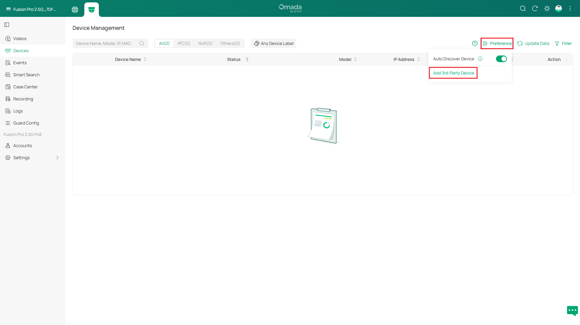 Omada Controller Device Management page highlighting the Preference menu and Add 3rd-Party Device option for manually adding cameras.