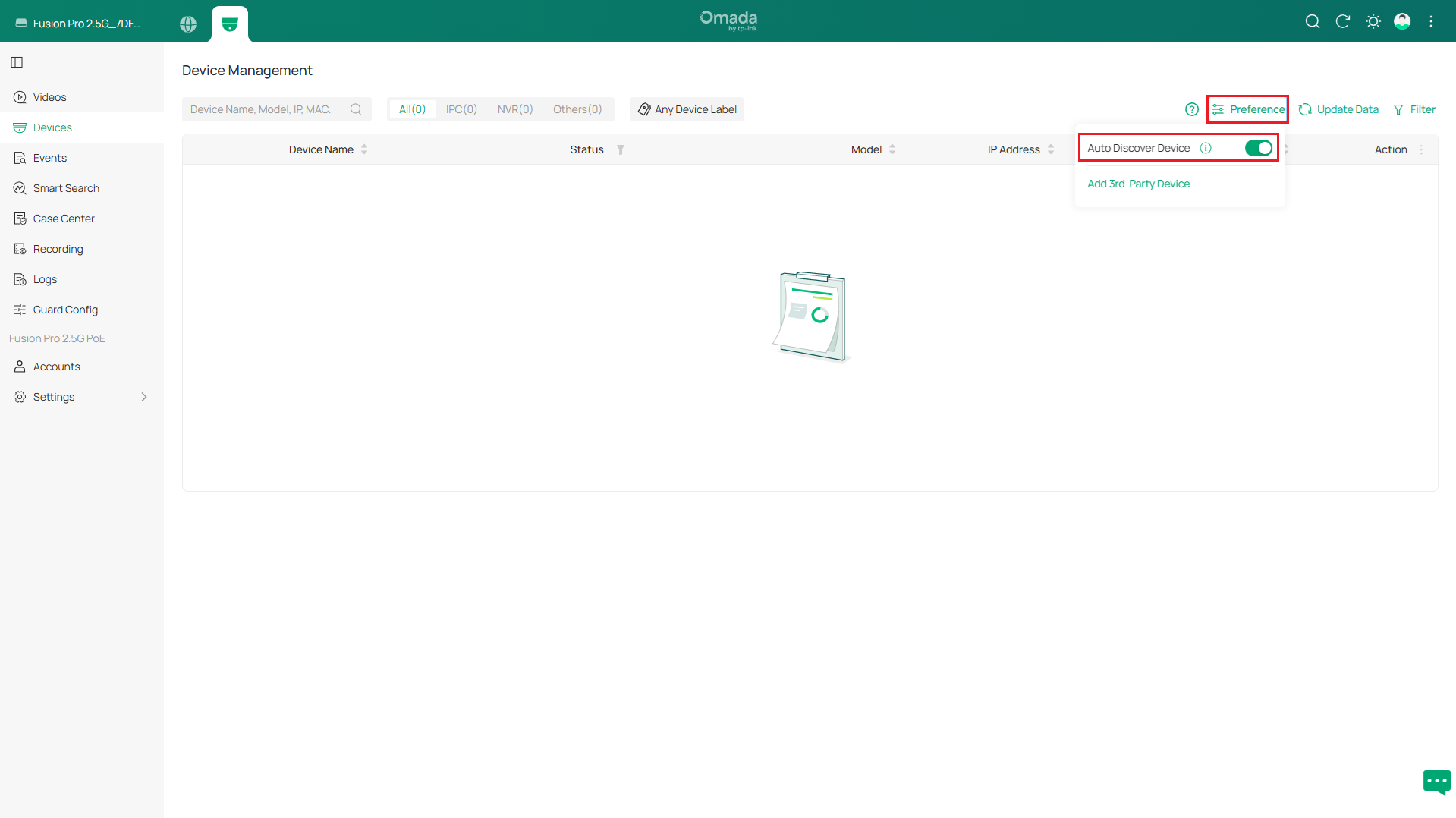 Device Management page with Preference option opened, showing Auto Discover Device is enabled.