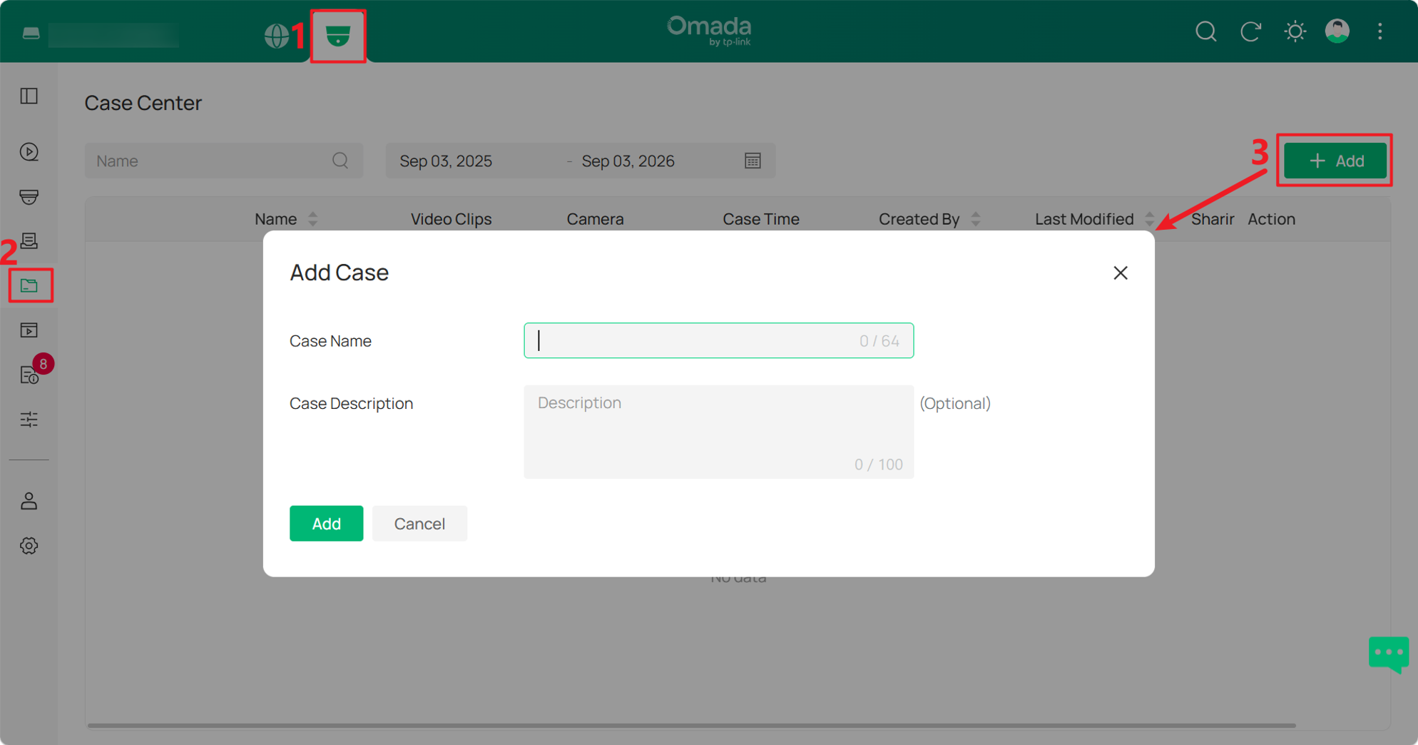 Create a new Case in Case Center by clicking Add and entering the Case Name and optional Case Description