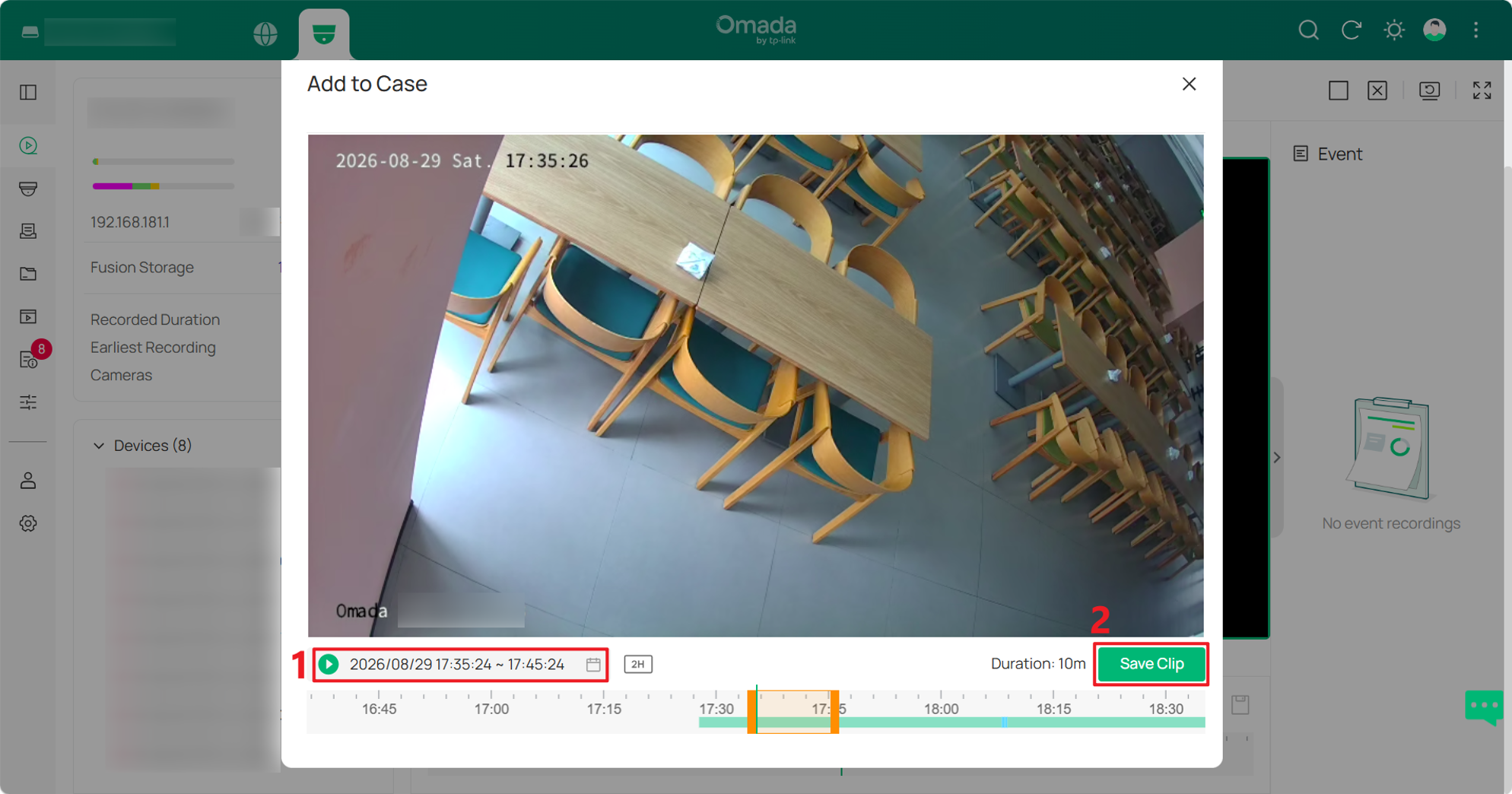 Adjust the times or drag the orange trim handles to select a video segment, then click Save Clip