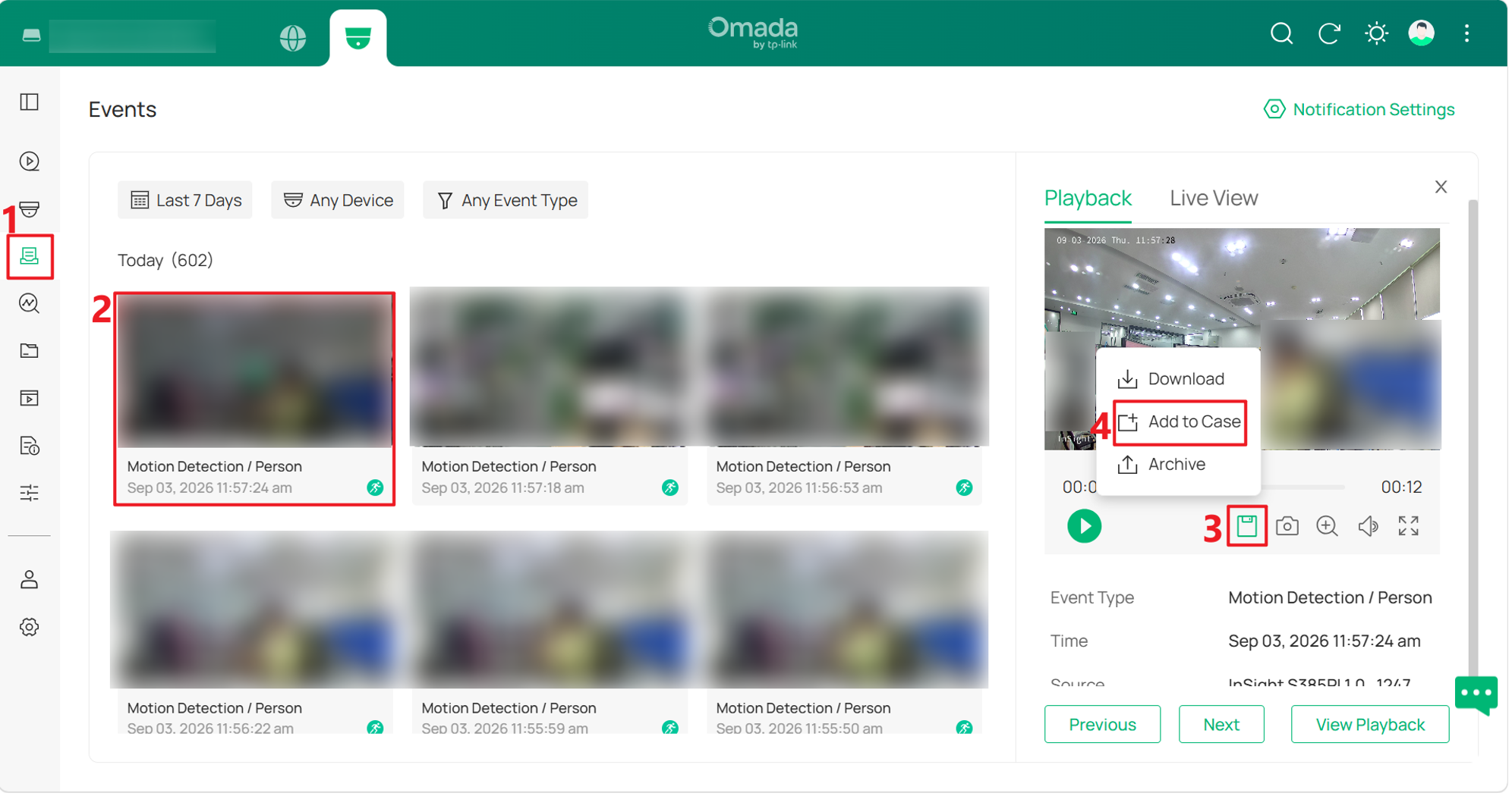 Add an event recording to a Case by opening the event and selecting Add to Case