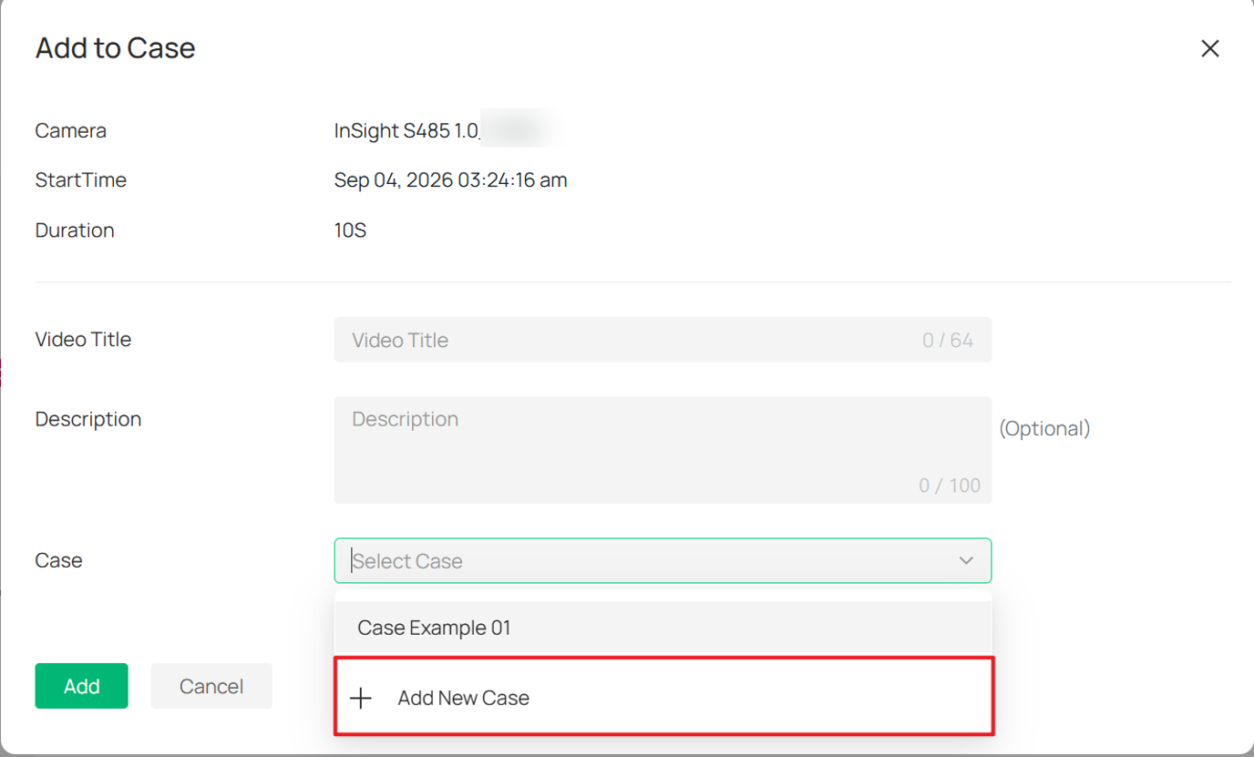 Create a new Case from the Case drop-down list by selecting Add New Case