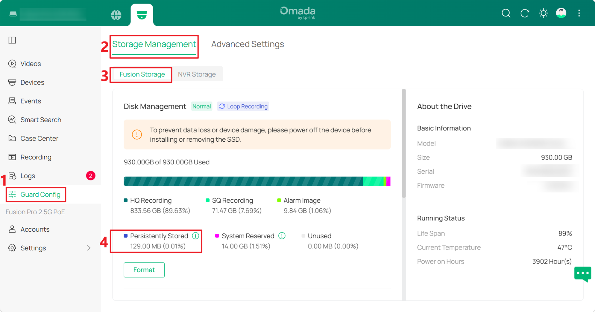 Check Case storage usage under Guard Config > Storage Management > Fusion Storage