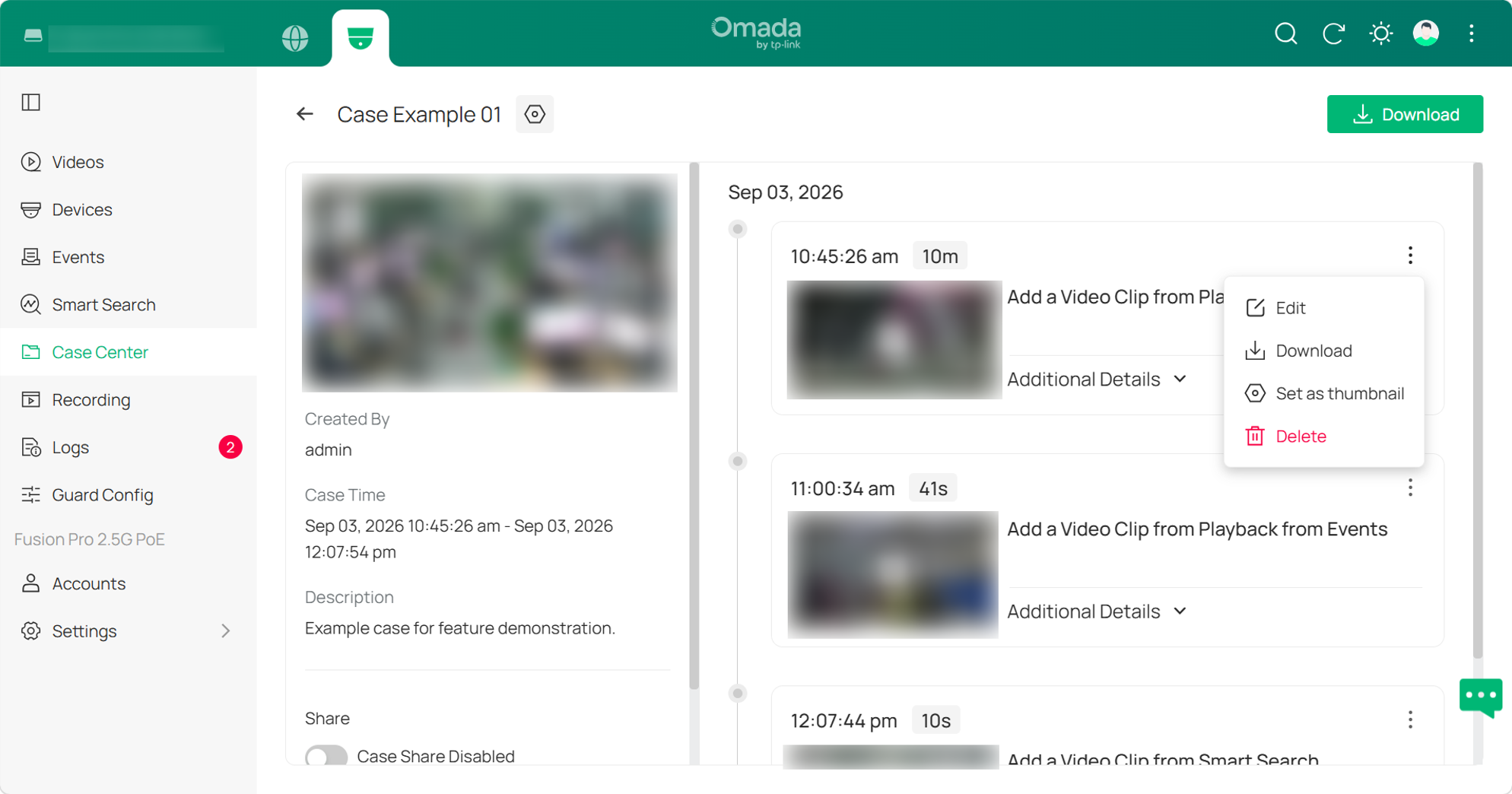 Open Case Details to review Case information, sharing status, and video clips in time order