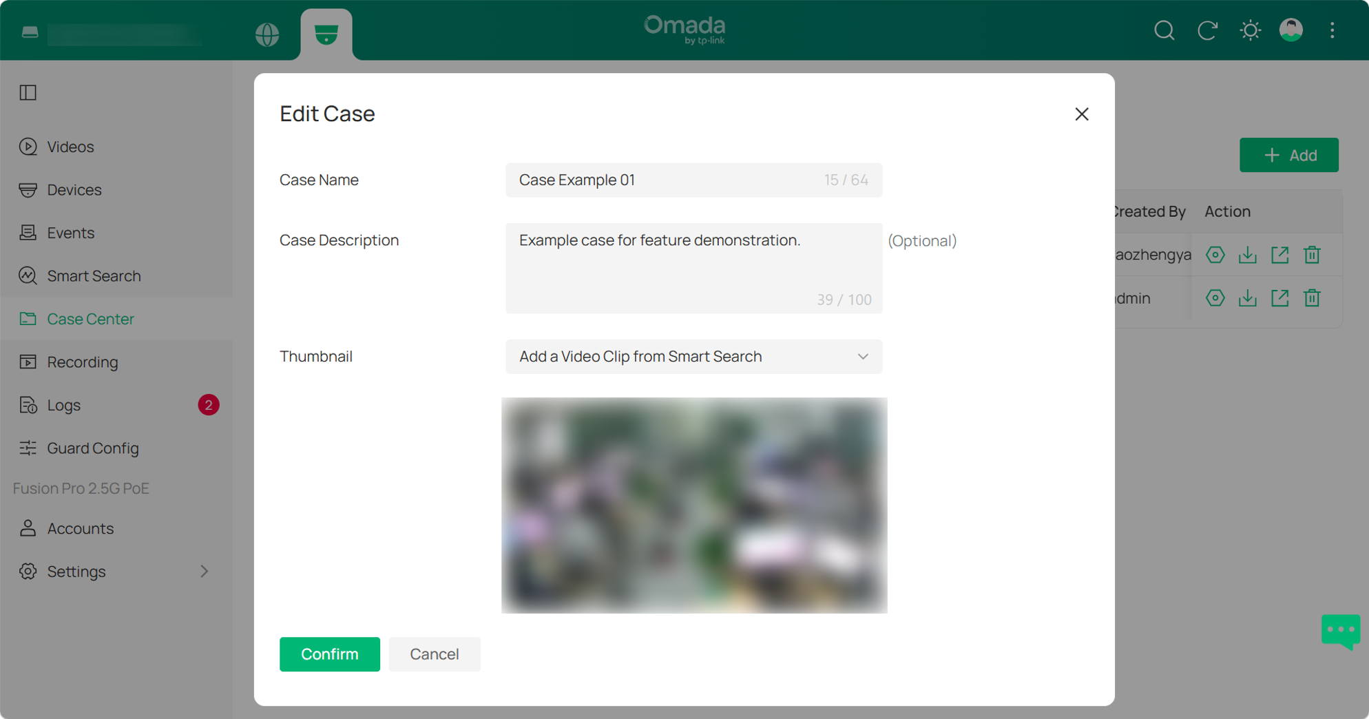 Modify the Case Name, Case Description, or Thumbnail, then click Confirm