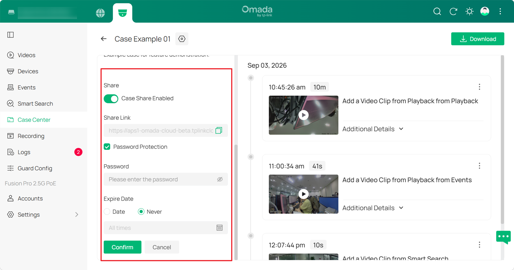 Enable Case sharing, configure password protection and expiration, then click Confirm