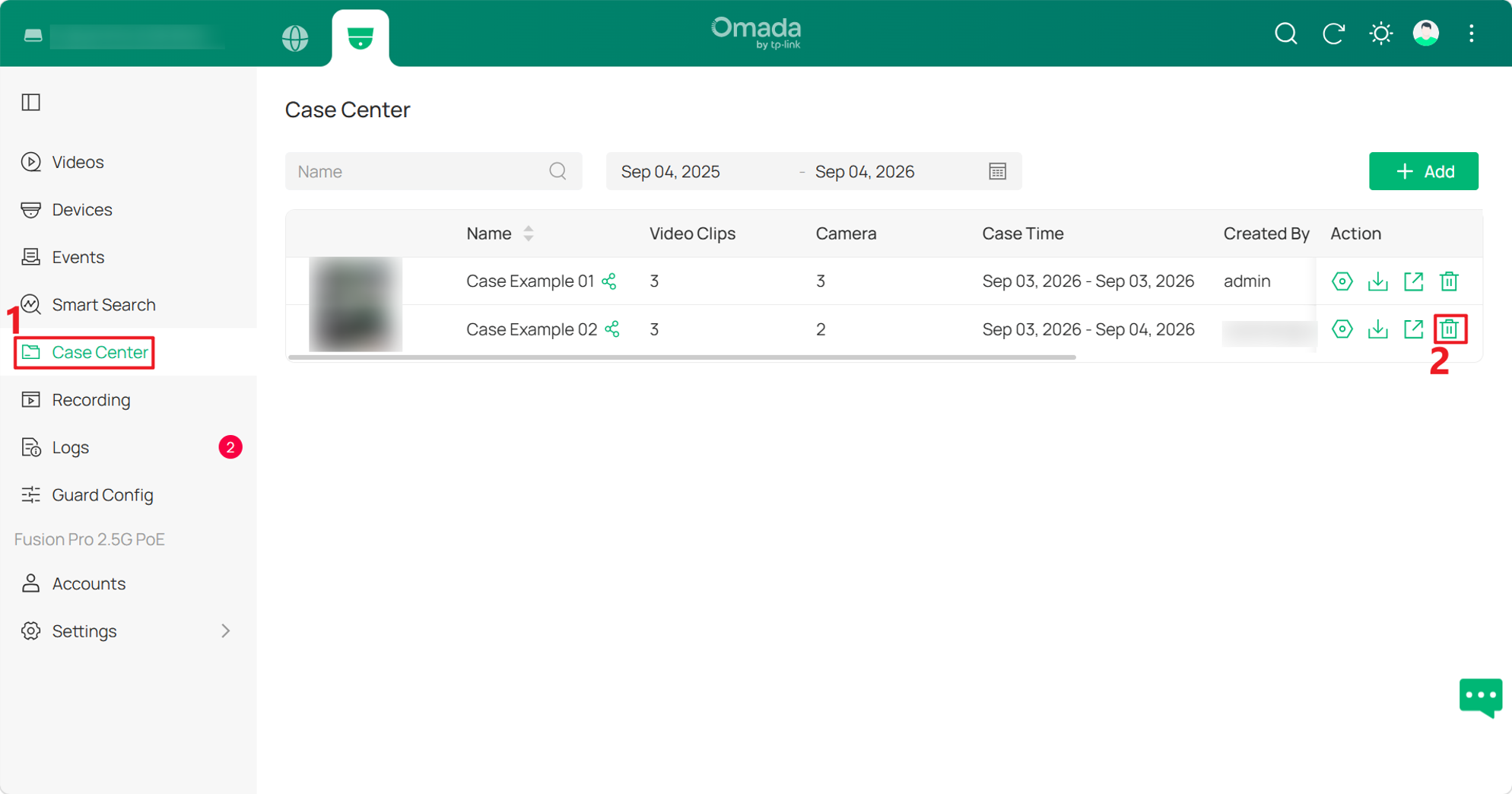 Delete a Case by clicking the Delete icon under Action in Case Center