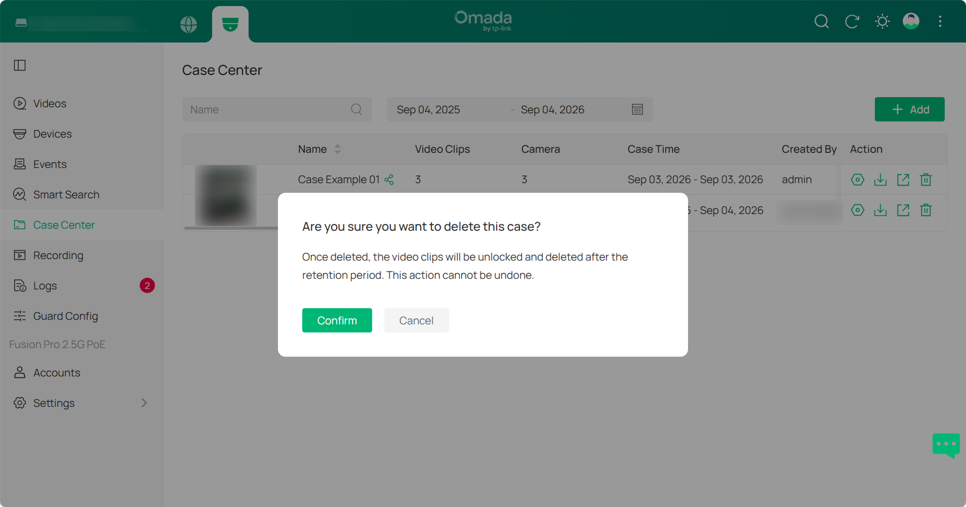 Confirm Case deletion after reviewing the warning that associated video clips will be unlocked
