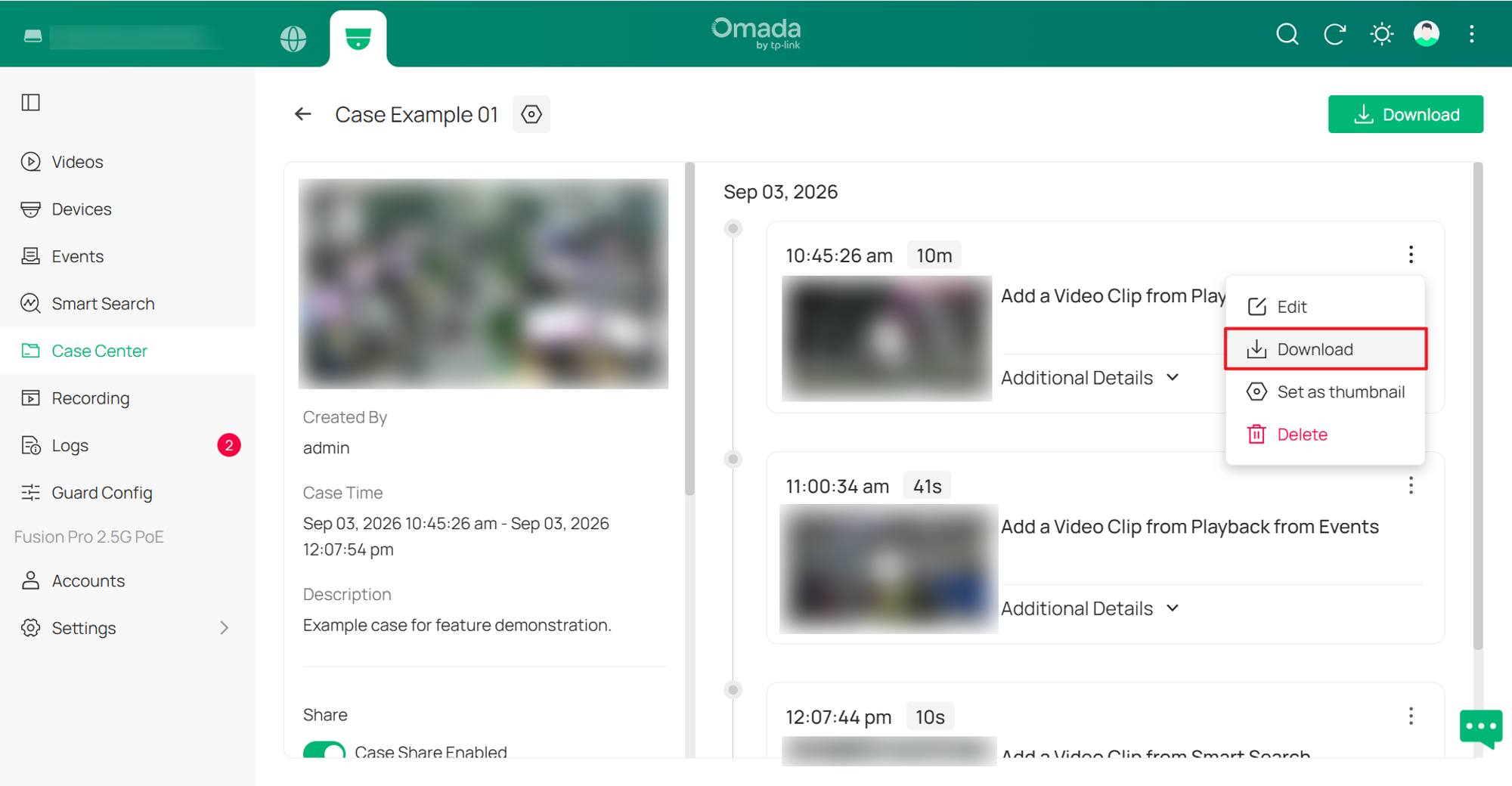 Download a video clip from Case Details by opening its action menu and clicking Download
