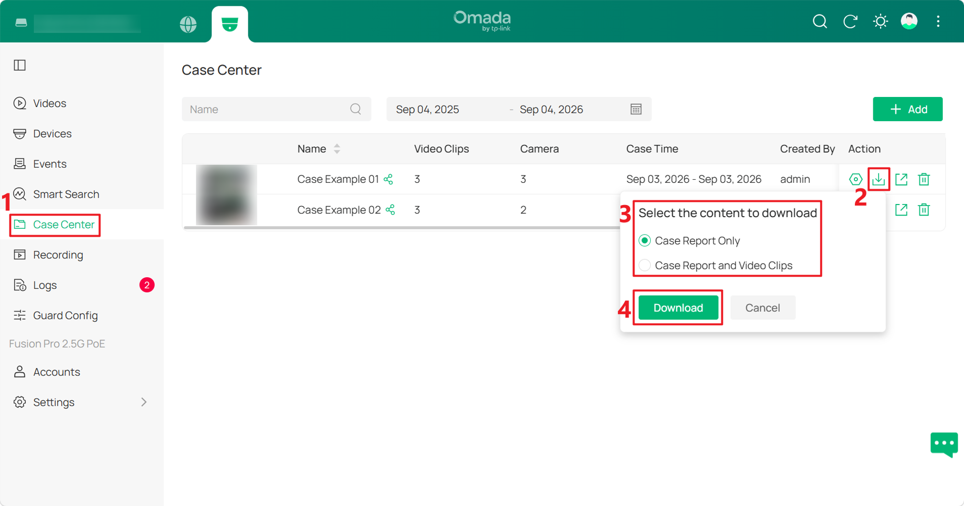 Download a Case Report or a Case Report with video clips from Case Center