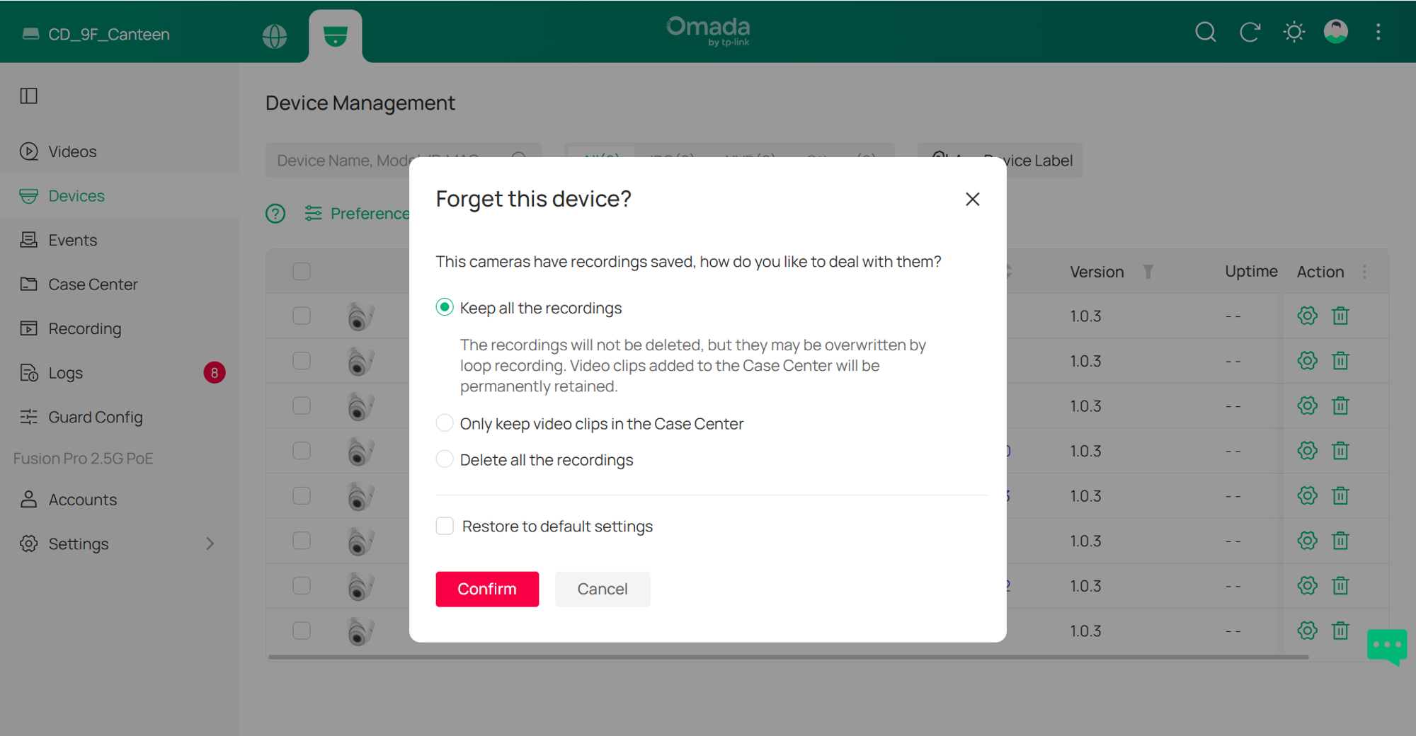 Select how to retain recordings when removing a camera, including clips saved in Case Center