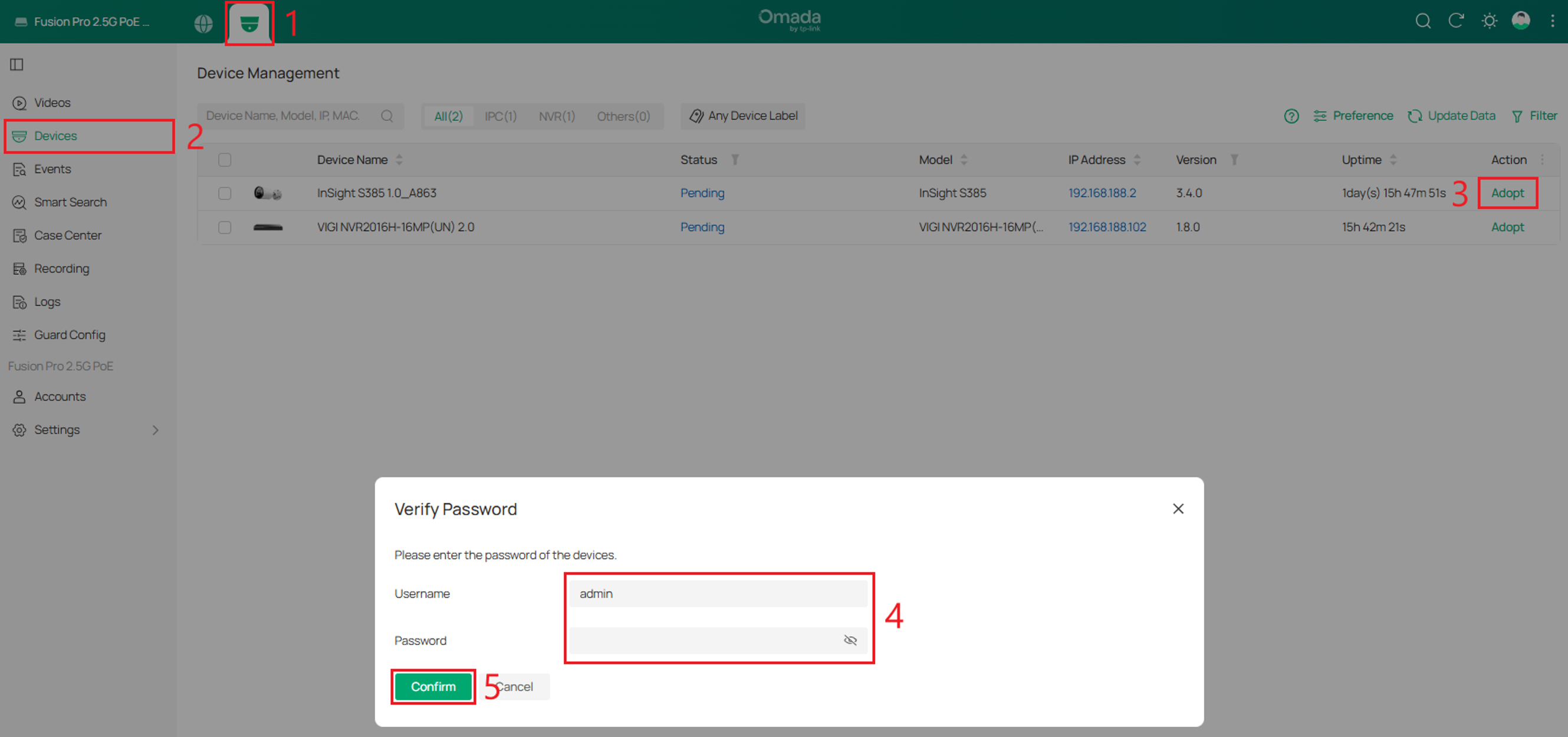Device Management page showing the Adopt action and Verify Password dialog box