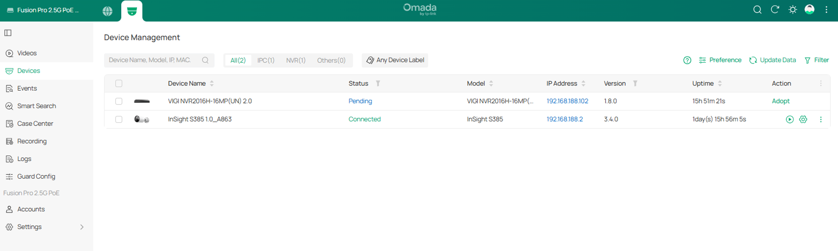 Device Management page showing the adopted VIGI camera with Connected status