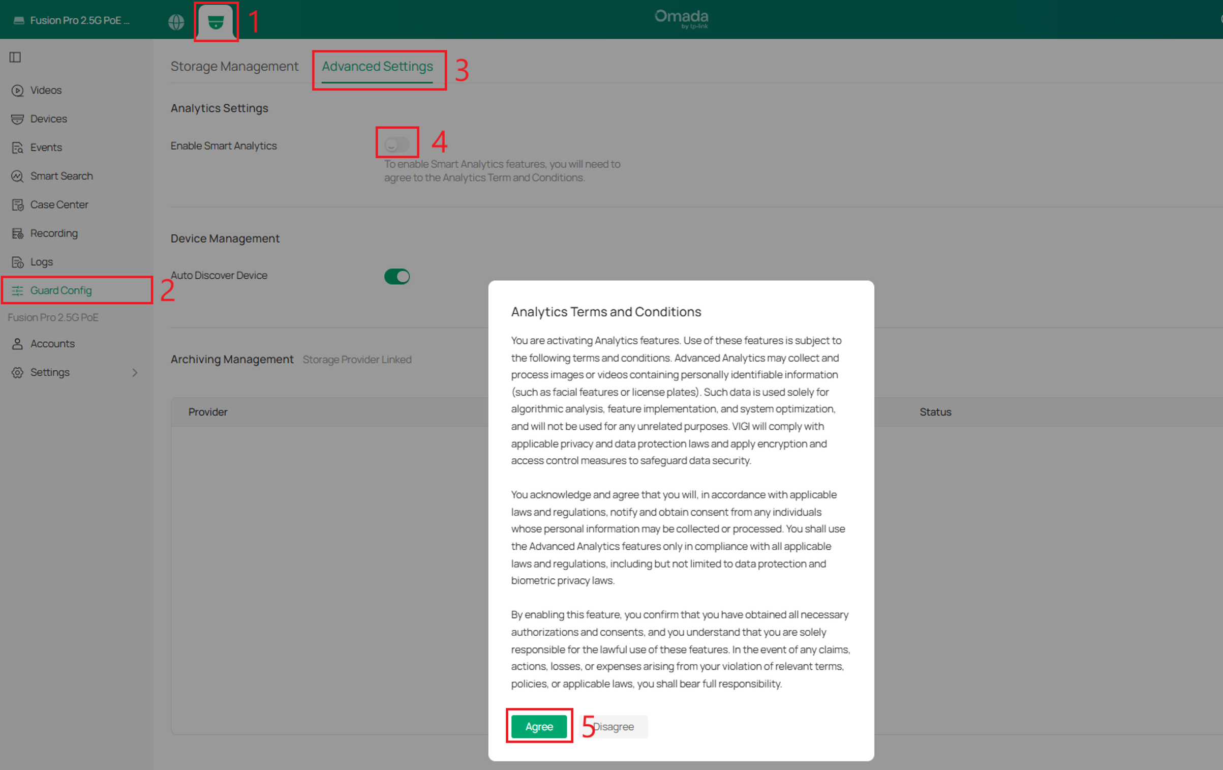 Advanced Settings page showing Smart Analytics enabled and the Analytics Terms and Conditions dialog box