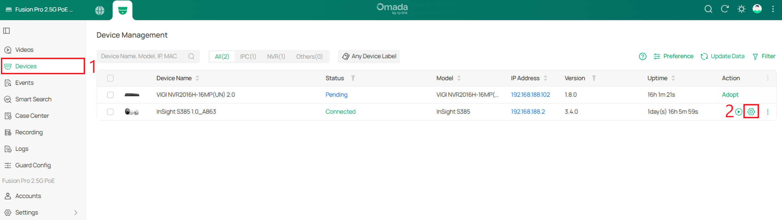 Device Management page showing the Edit action for the VIGI camera