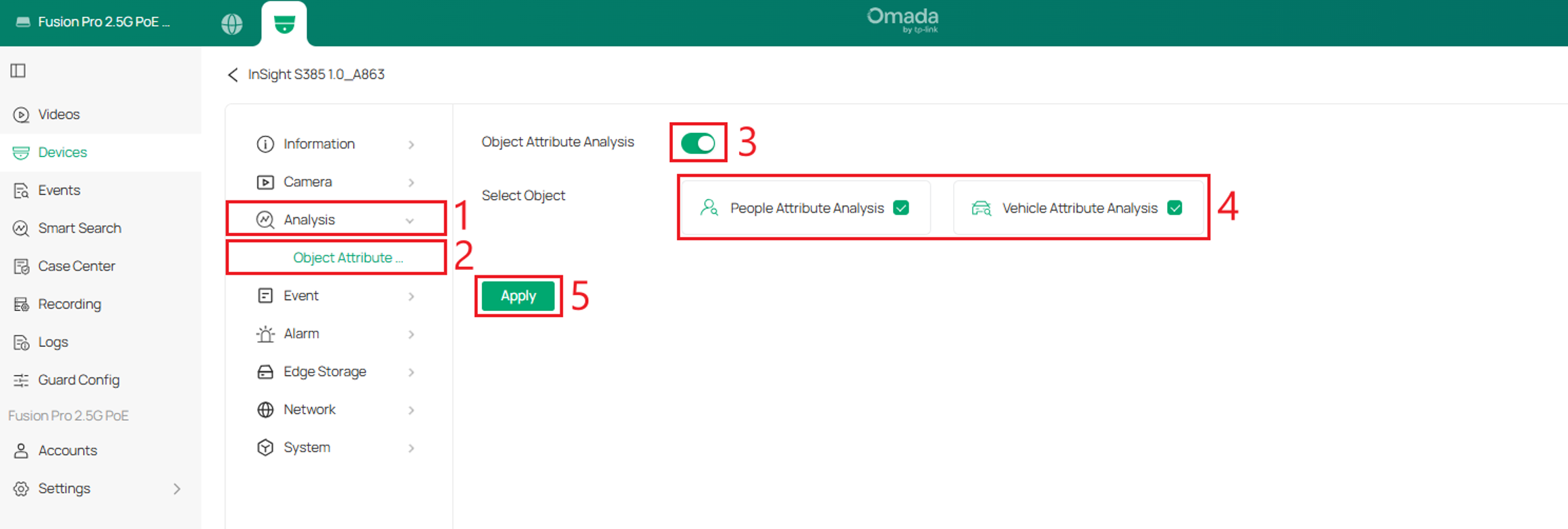 Object Attribute Analysis page showing People and Vehicle Attribute Analysis enabled