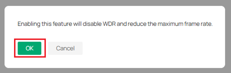 Dialog box warning that Object Attribute Analysis disables WDR and reduces the maximum frame rate