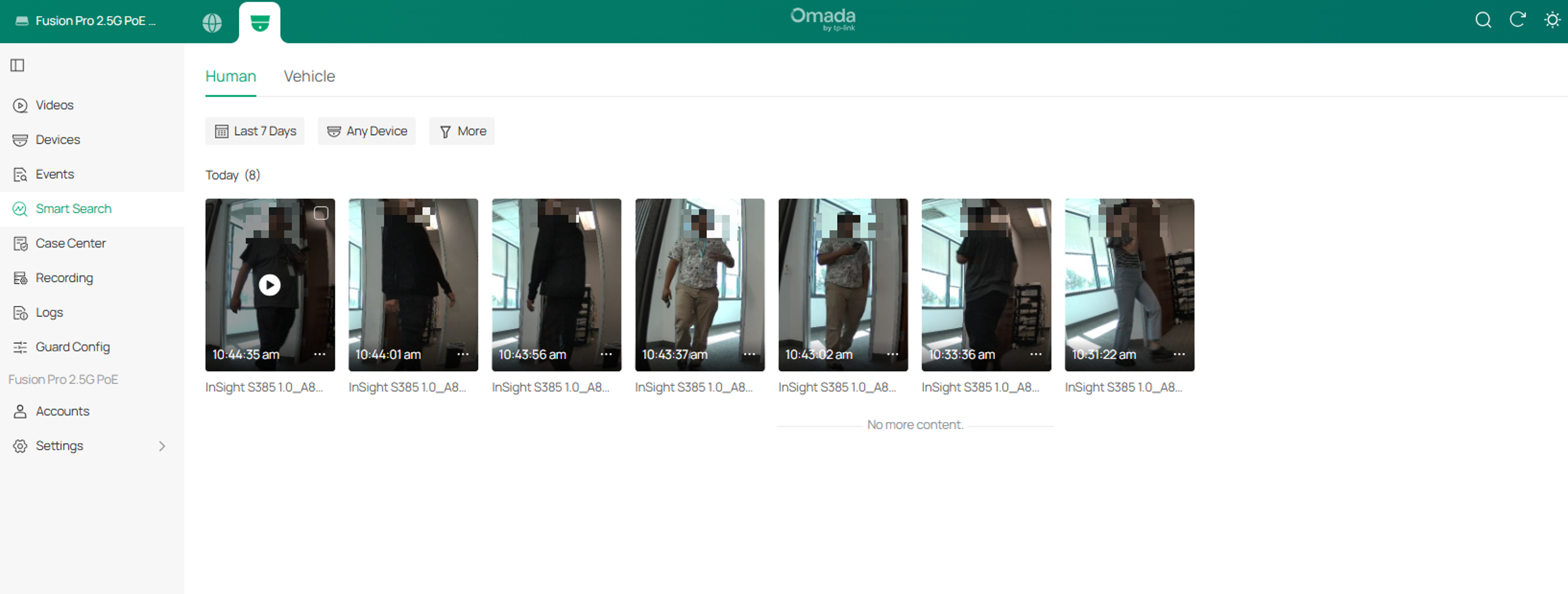 Smart Search page showing detected human results from the selected camera