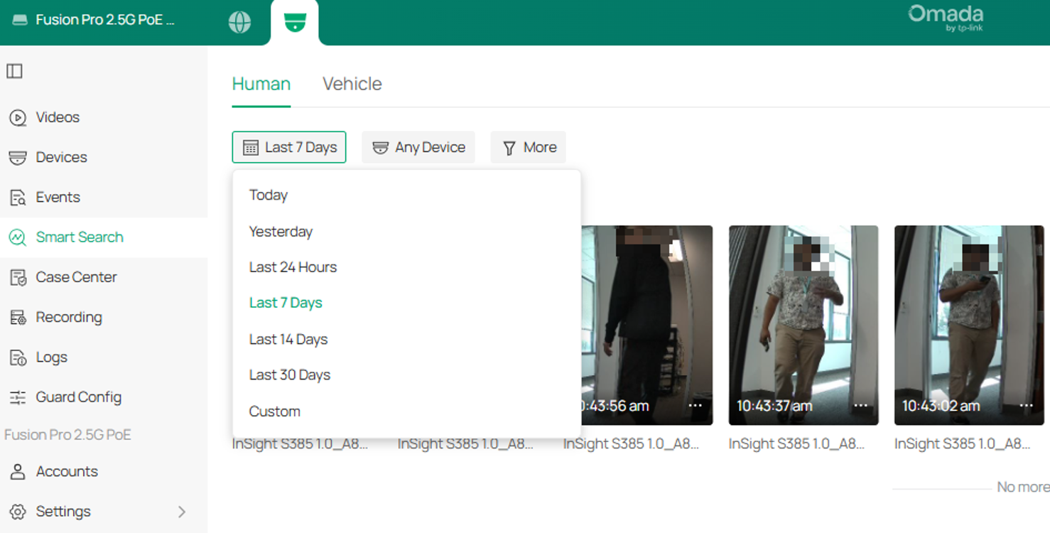 Smart Search page showing predefined and Custom time period options