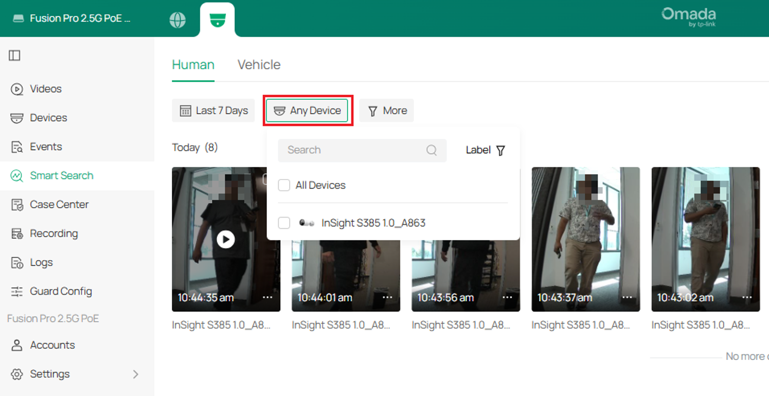 Smart Search page showing the device filter with a VIGI camera available for selection