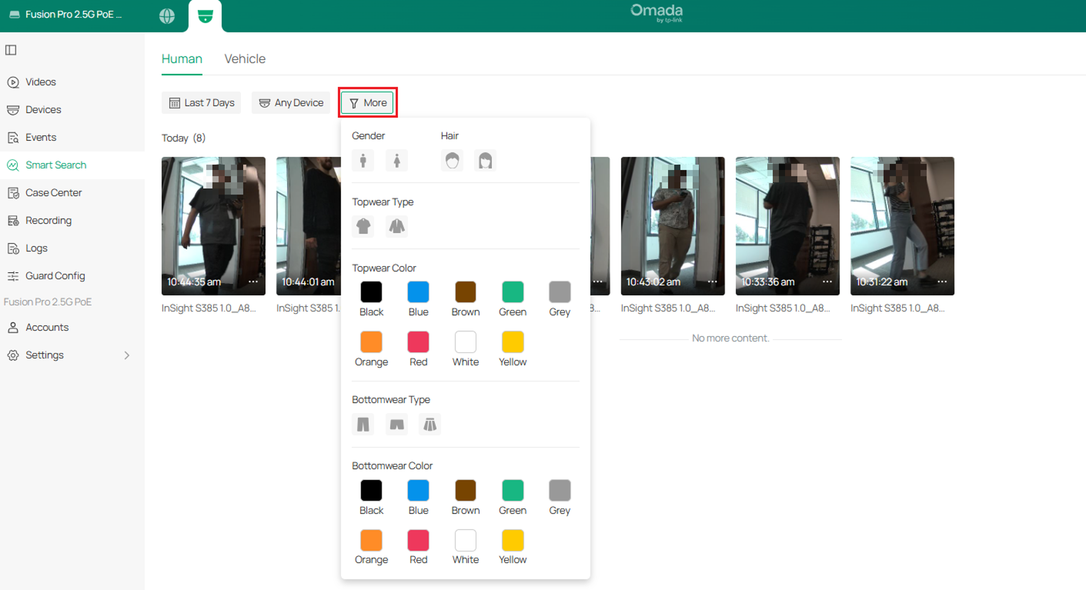 Smart Search More menu showing gender, hair, clothing type, and clothing color filters