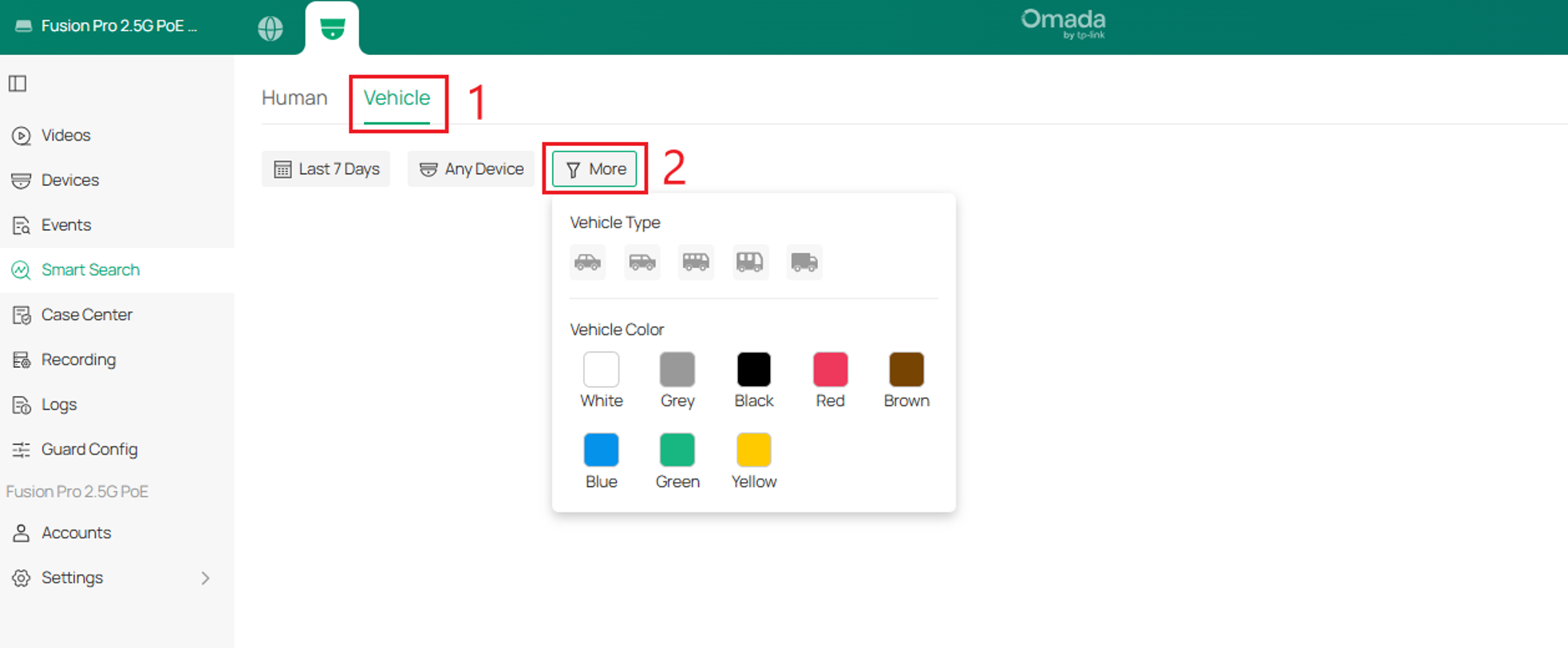 Smart Search Vehicle tab showing vehicle type and color filters in the More menu