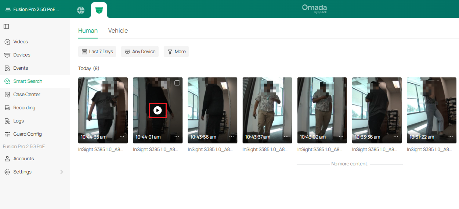 Smart Search results showing the Play button on a detected human recording