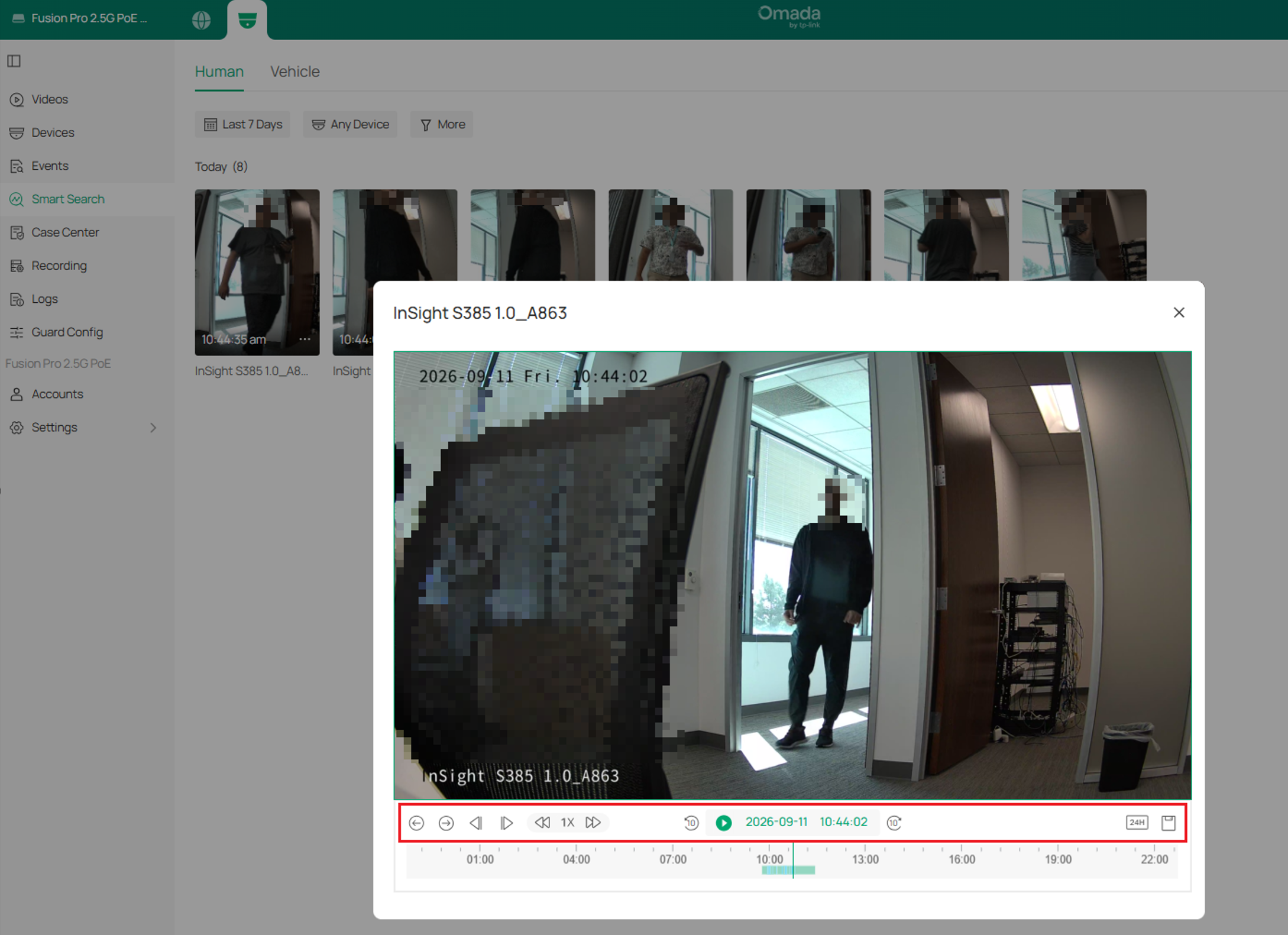 Smart Search video player showing playback controls and the detected event recording