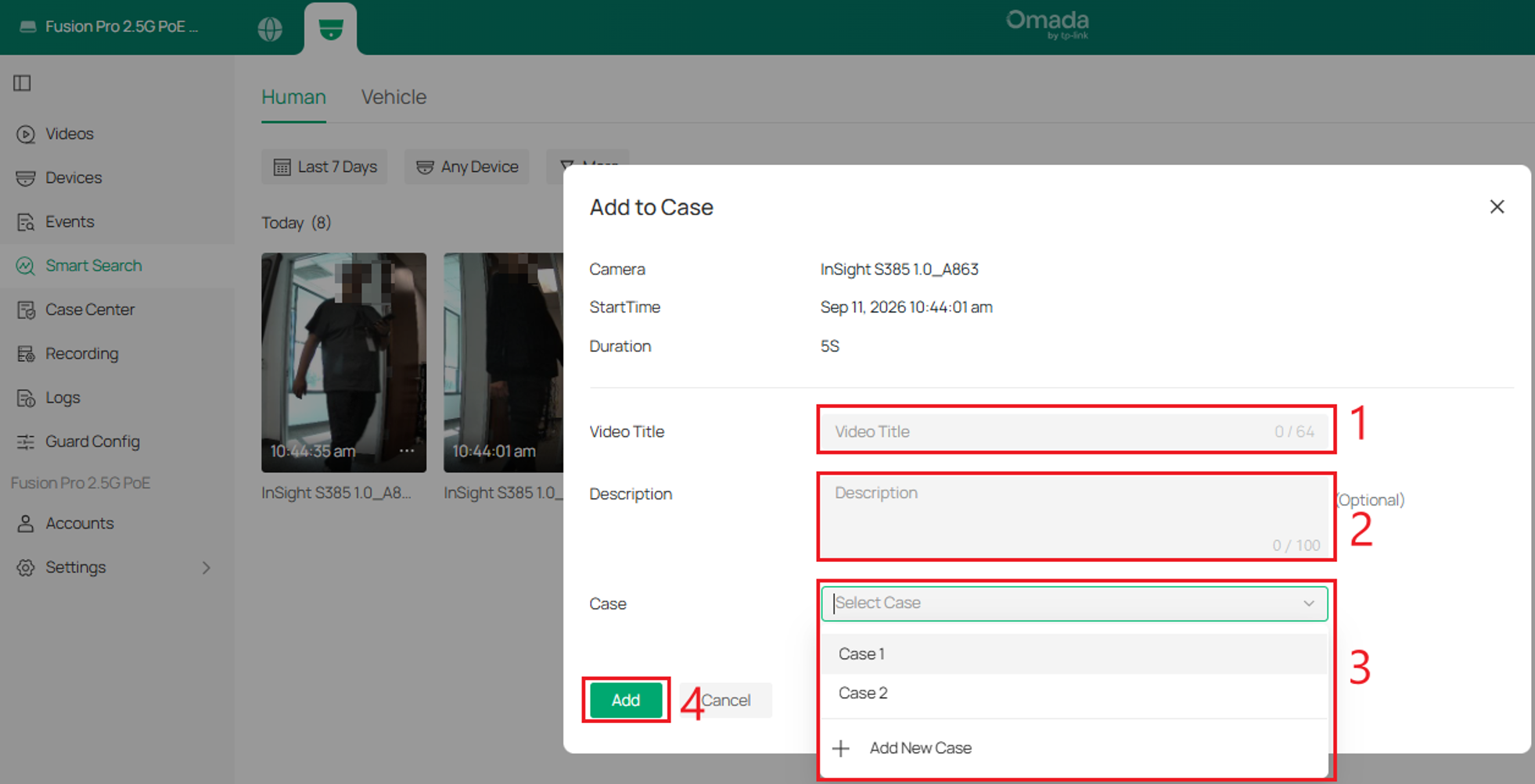 Add to Case dialog box showing Video Title, Description, Case, and Add options