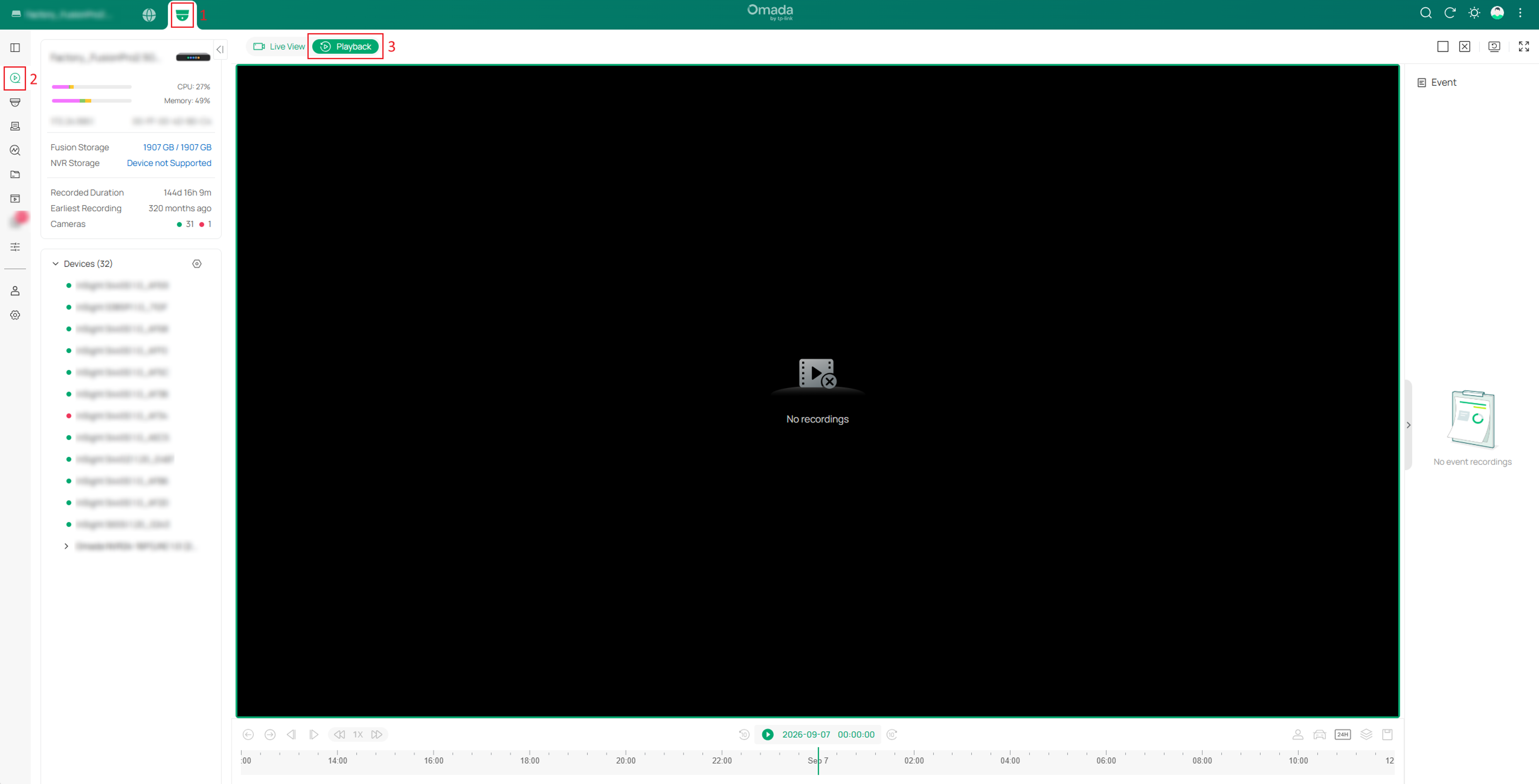 Playback page showing the Guard application, Video module, Playback tab, and camera device list