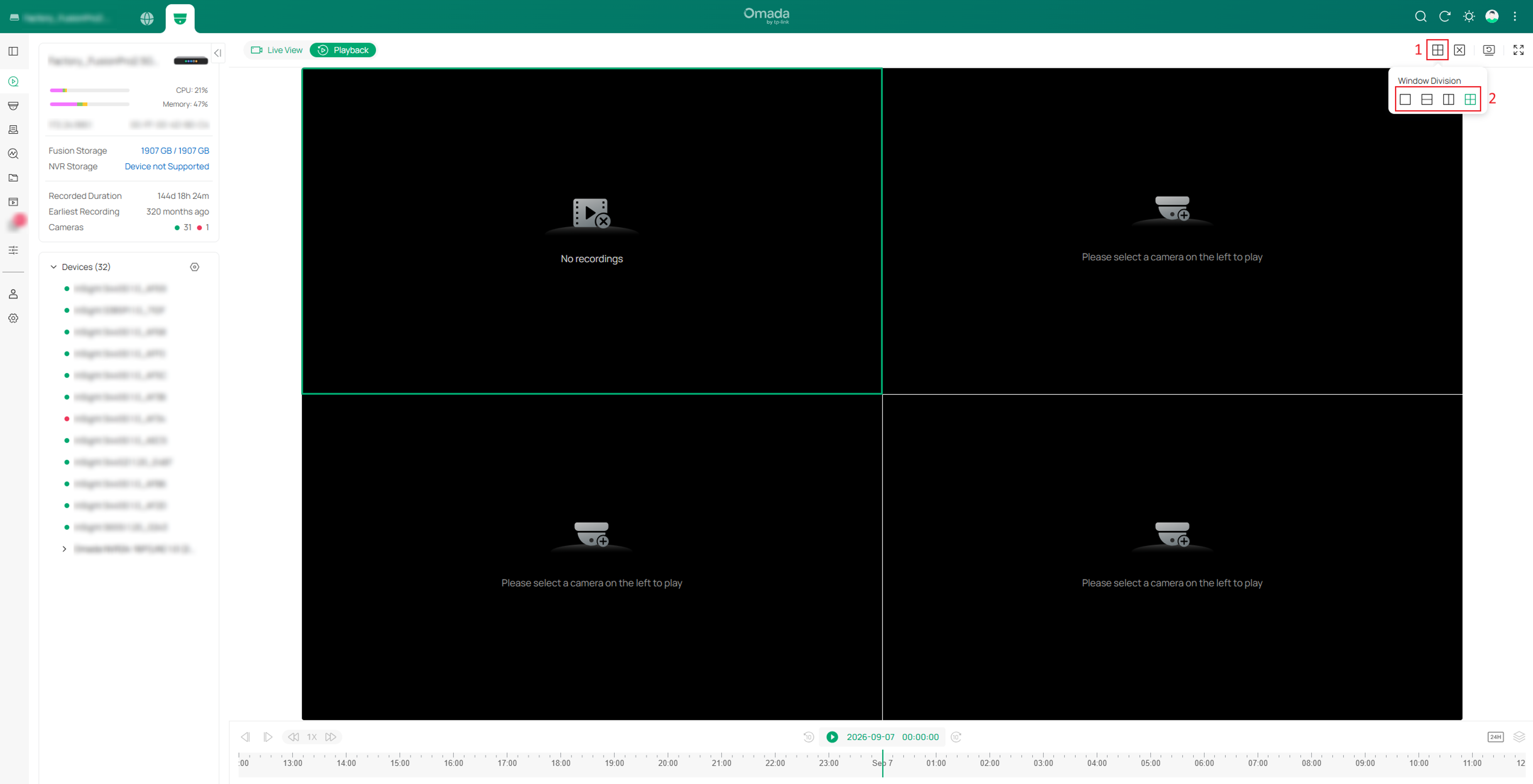 Playback page showing the Number of Screen menu and four-screen playback layout