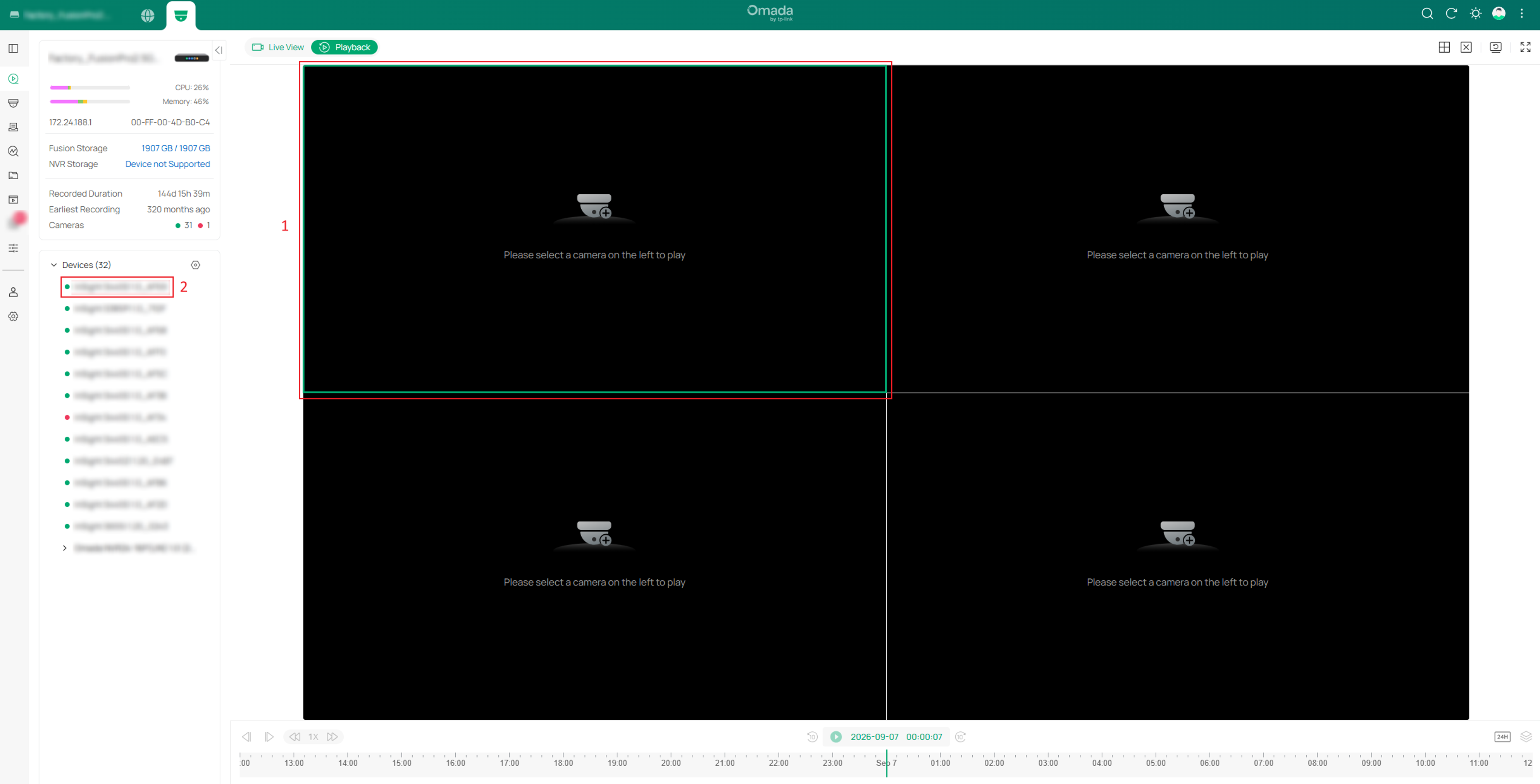 Four-screen playback page showing a selected playback window and cameras being assigned from the device list
