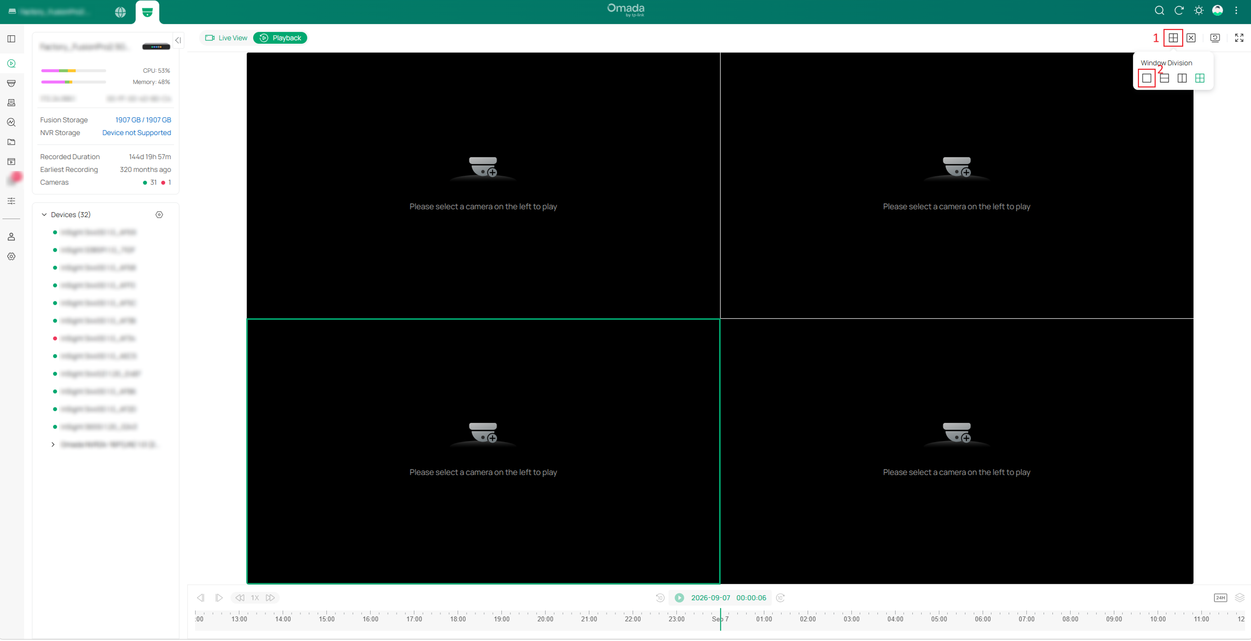 Playback page showing the Number of Screen menu with the Single Screen layout selected