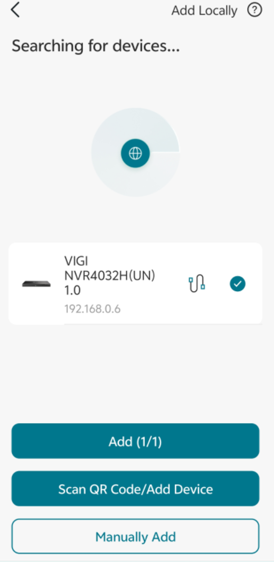 Device discovery page in the VIGI App showing available devices