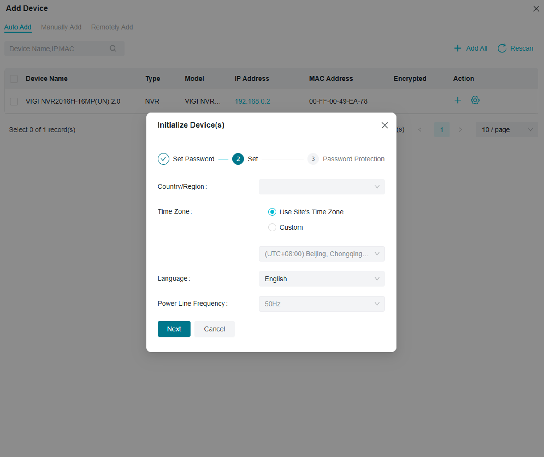 NVR initialization page showing country, time zone, language, and power line frequency settings